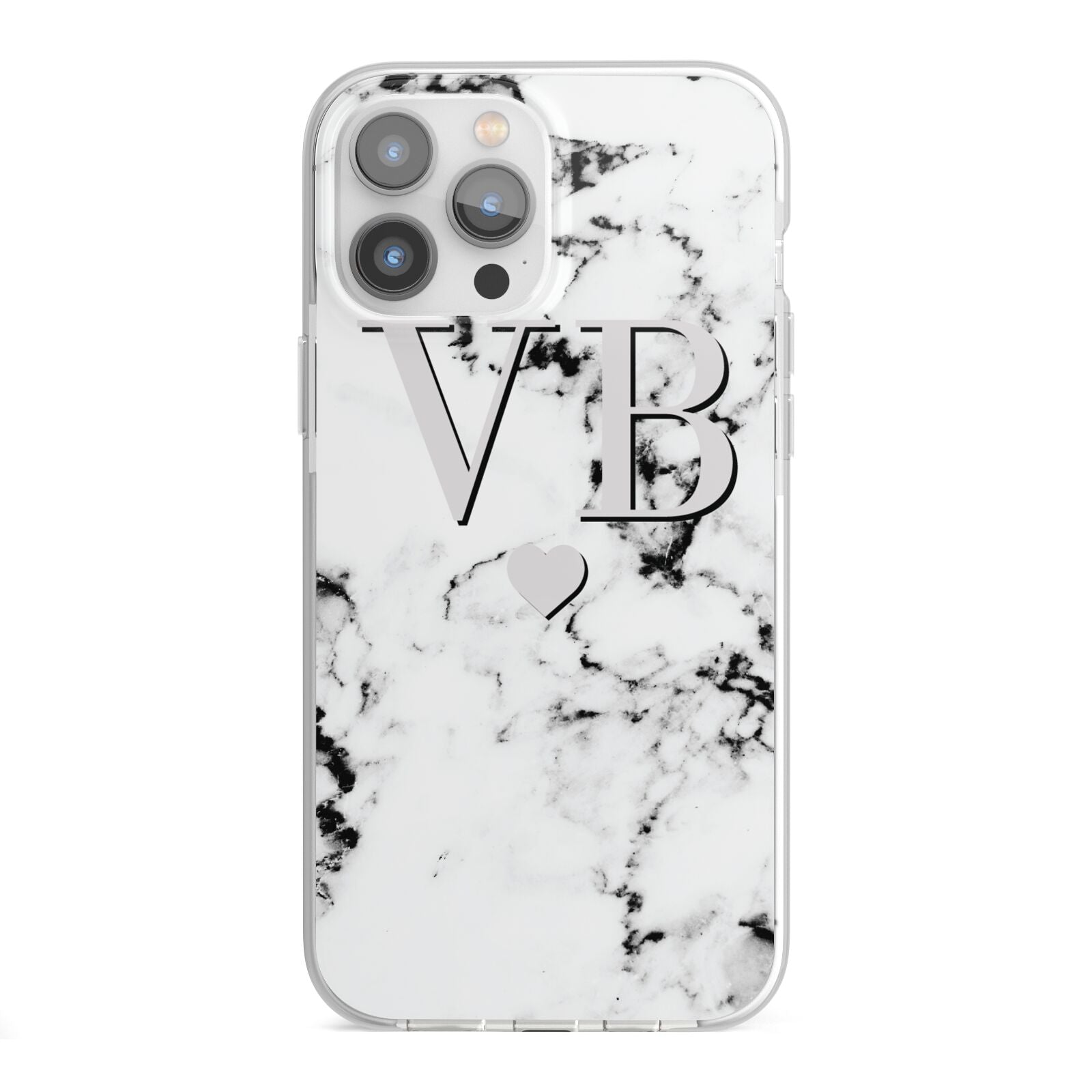 Personalised Grey Initialed Marble Heart iPhone 13 Pro Max TPU Impact Case with White Edges