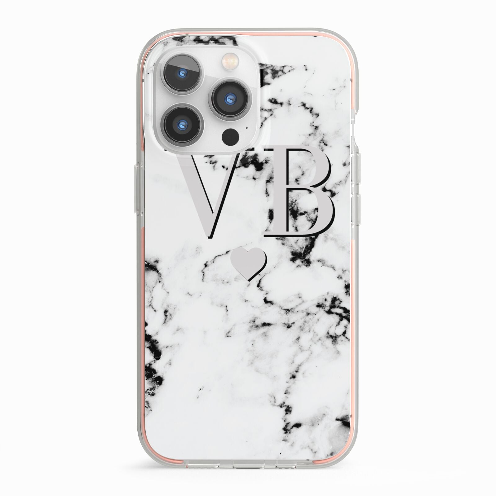 Personalised Grey Initialed Marble Heart iPhone 13 Pro TPU Impact Case with Pink Edges