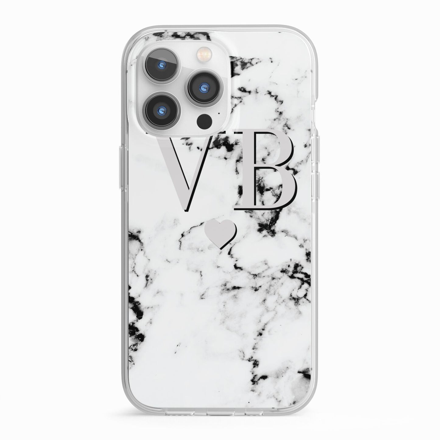 Personalised Grey Initialed Marble Heart iPhone 13 Pro TPU Impact Case with White Edges