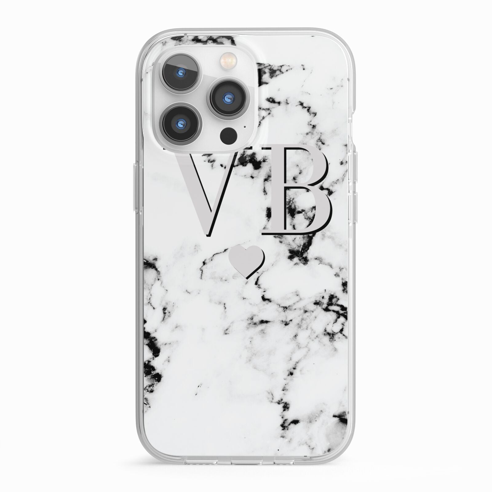 Personalised Grey Initialed Marble Heart iPhone 13 Pro TPU Impact Case with White Edges