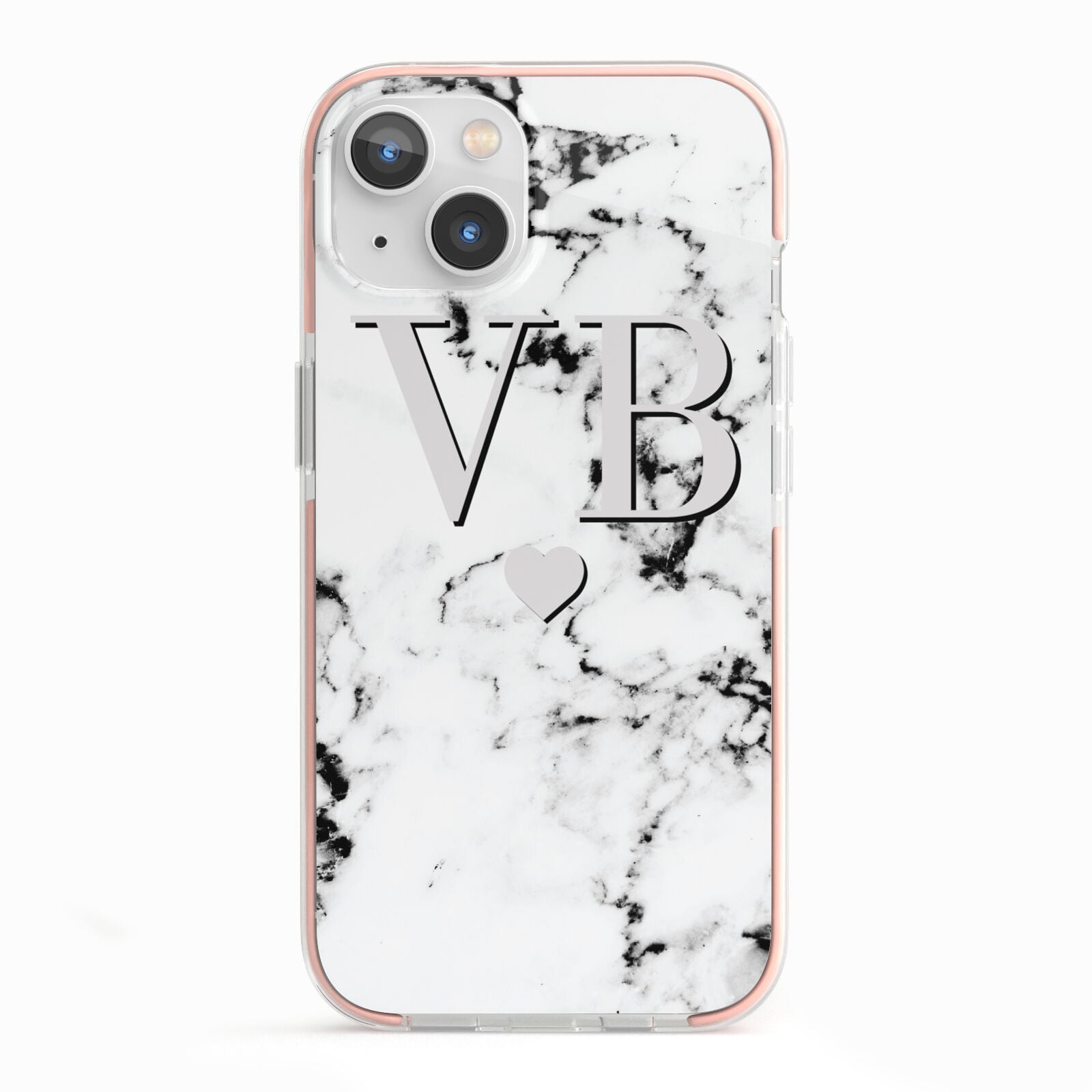 Personalised Grey Initialed Marble Heart iPhone 13 TPU Impact Case with Pink Edges