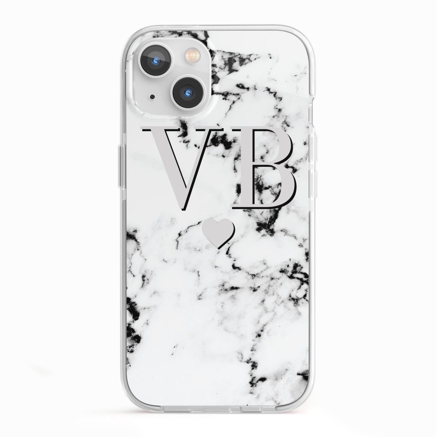 Personalised Grey Initialed Marble Heart iPhone 13 TPU Impact Case with White Edges
