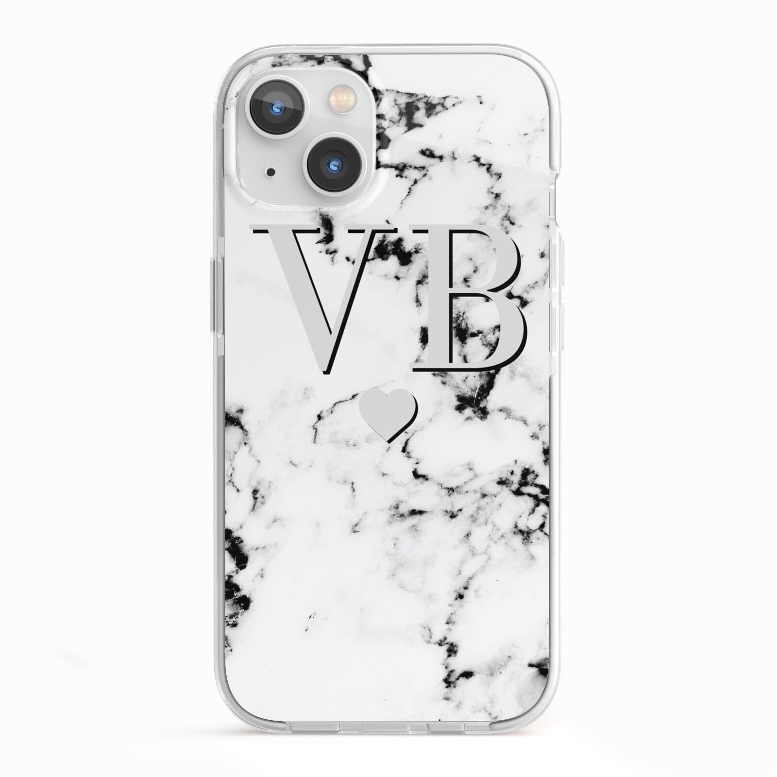 Personalised Grey Initialed Marble Heart iPhone 13 TPU Impact Case with White Edges