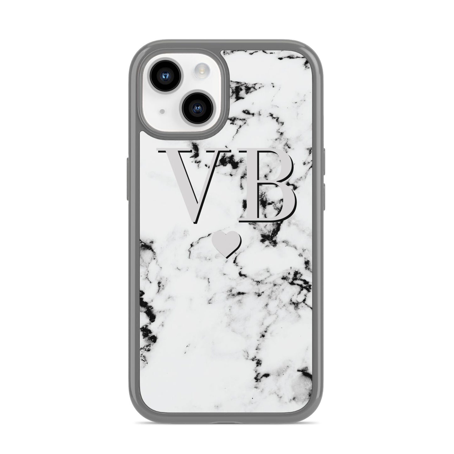 Personalised Grey Initialed Marble Heart iPhone 14 Clear Tough Case Starlight