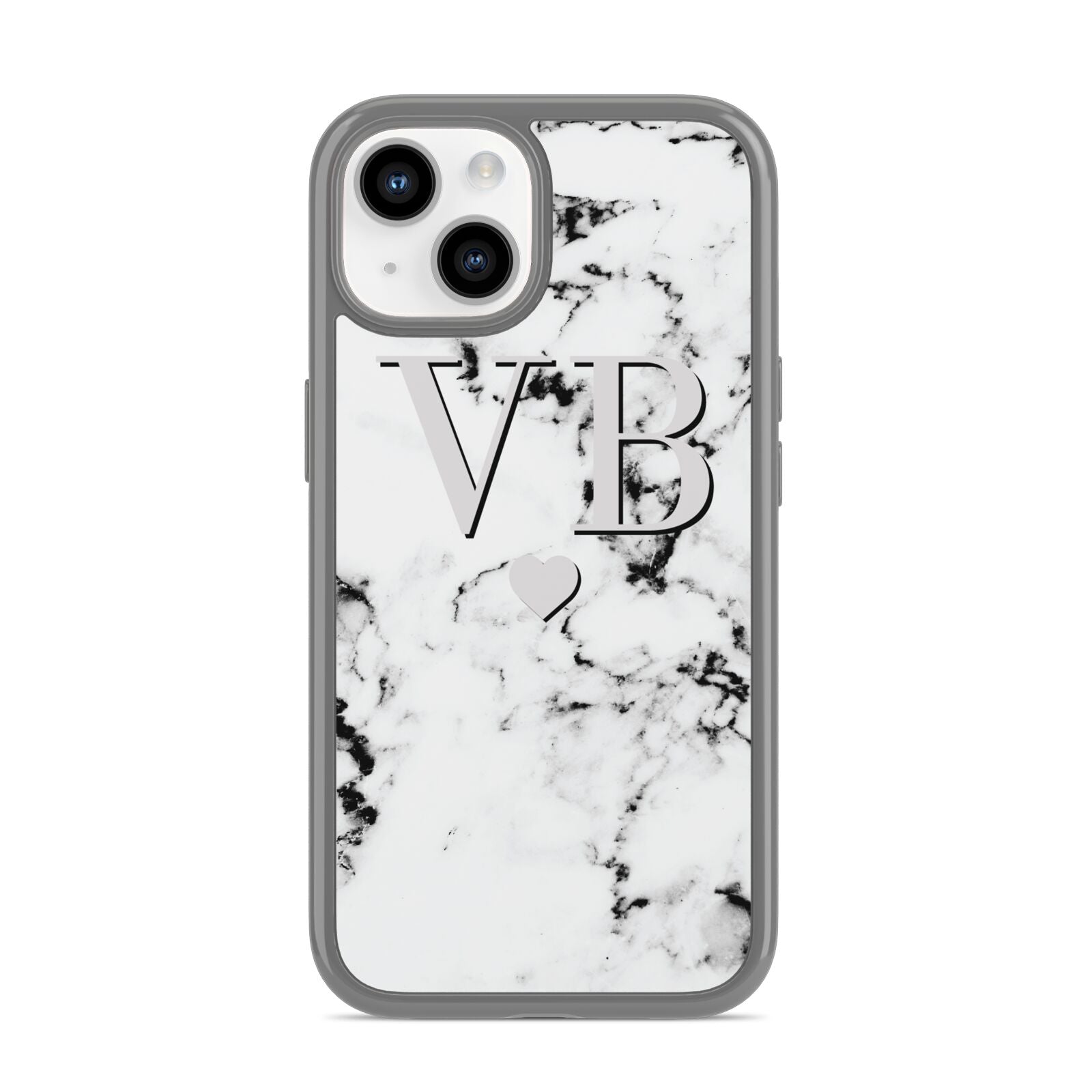 Personalised Grey Initialed Marble Heart iPhone 14 Clear Tough Case Starlight