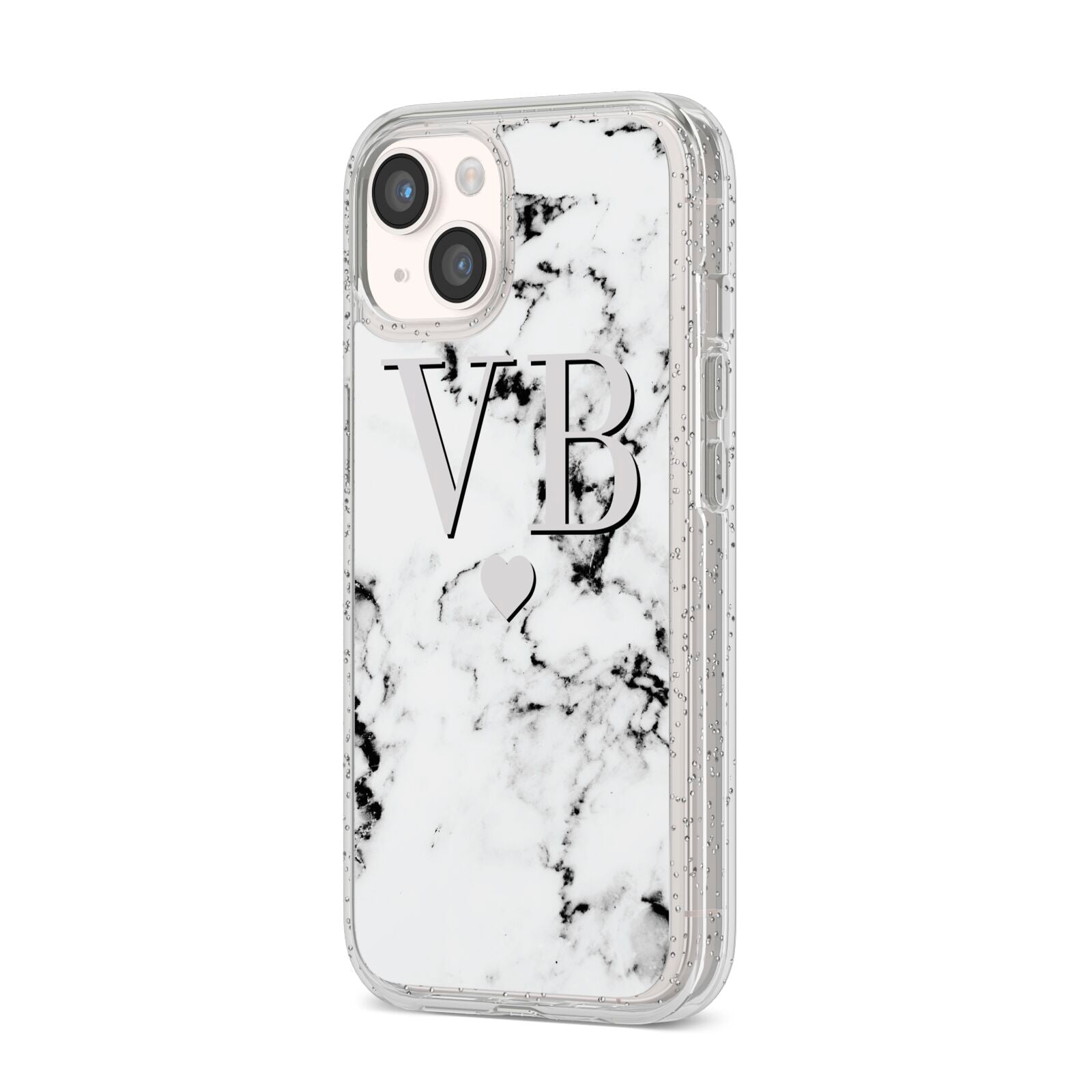 Personalised Grey Initialed Marble Heart iPhone 14 Glitter Tough Case Starlight Angled Image