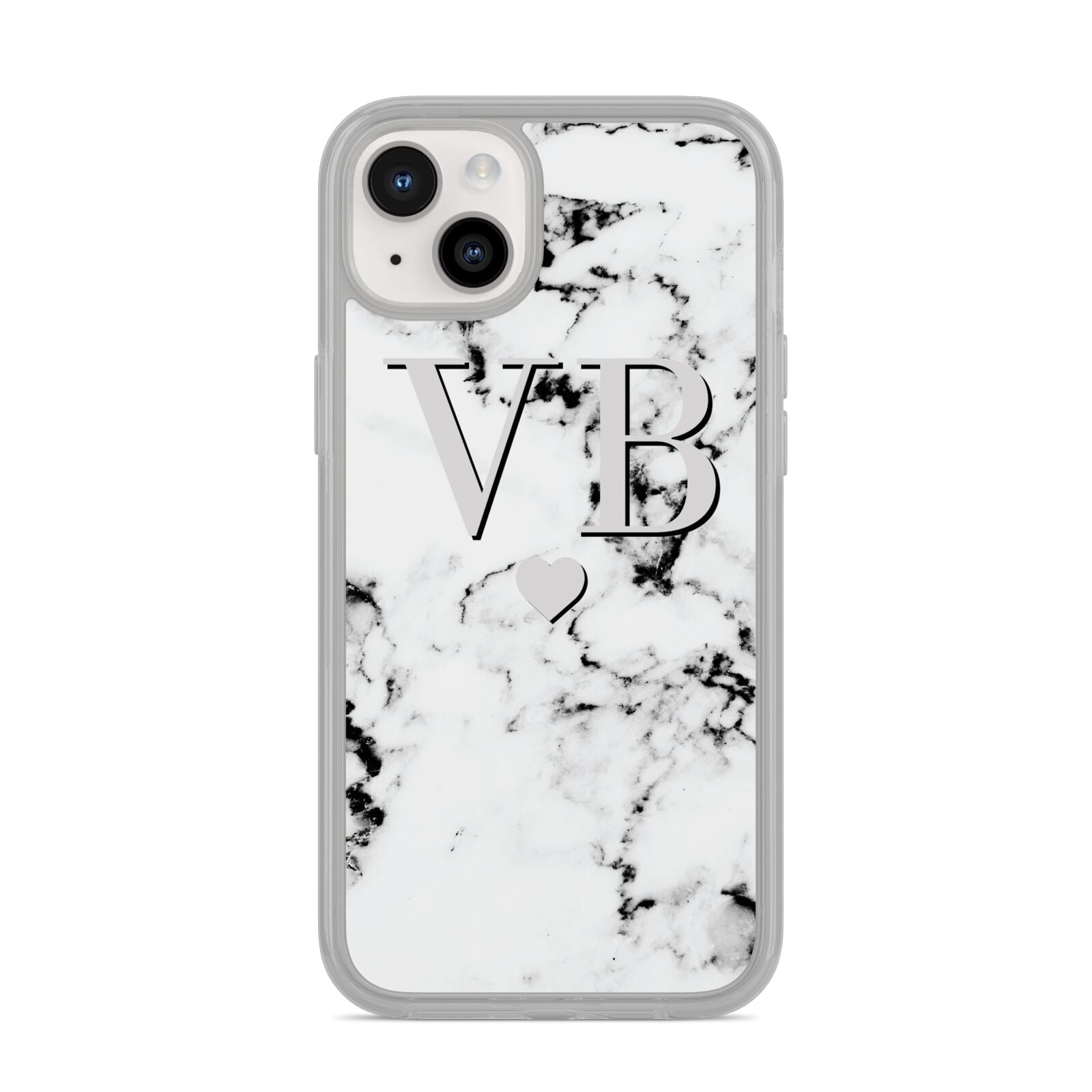 Personalised Grey Initialed Marble Heart iPhone 14 Plus Clear Tough Case Starlight