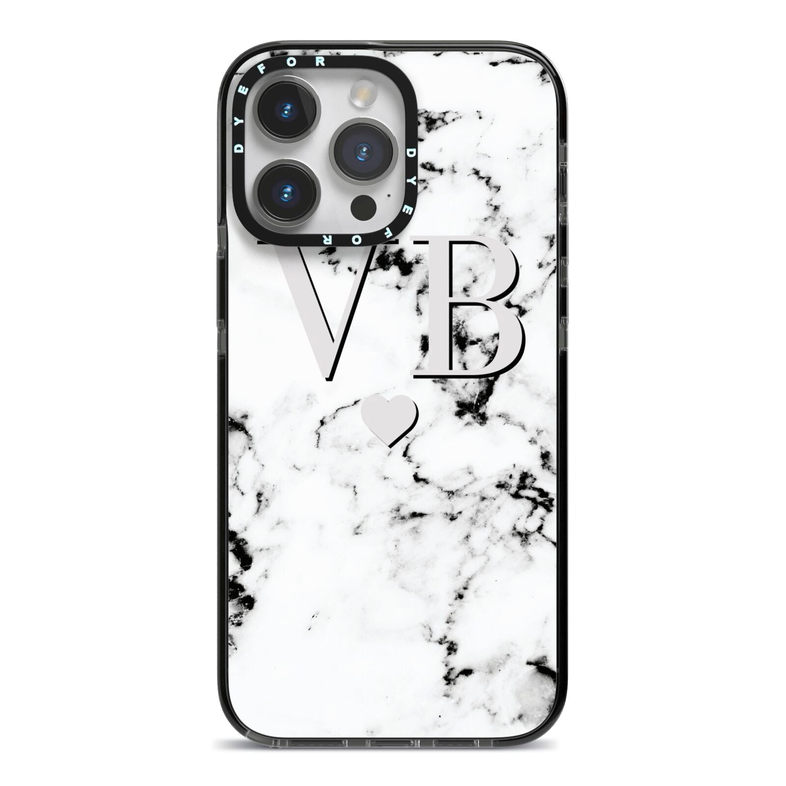 Personalised Grey Initialed Marble Heart iPhone 14 Pro Max Black Impact Case on Silver phone