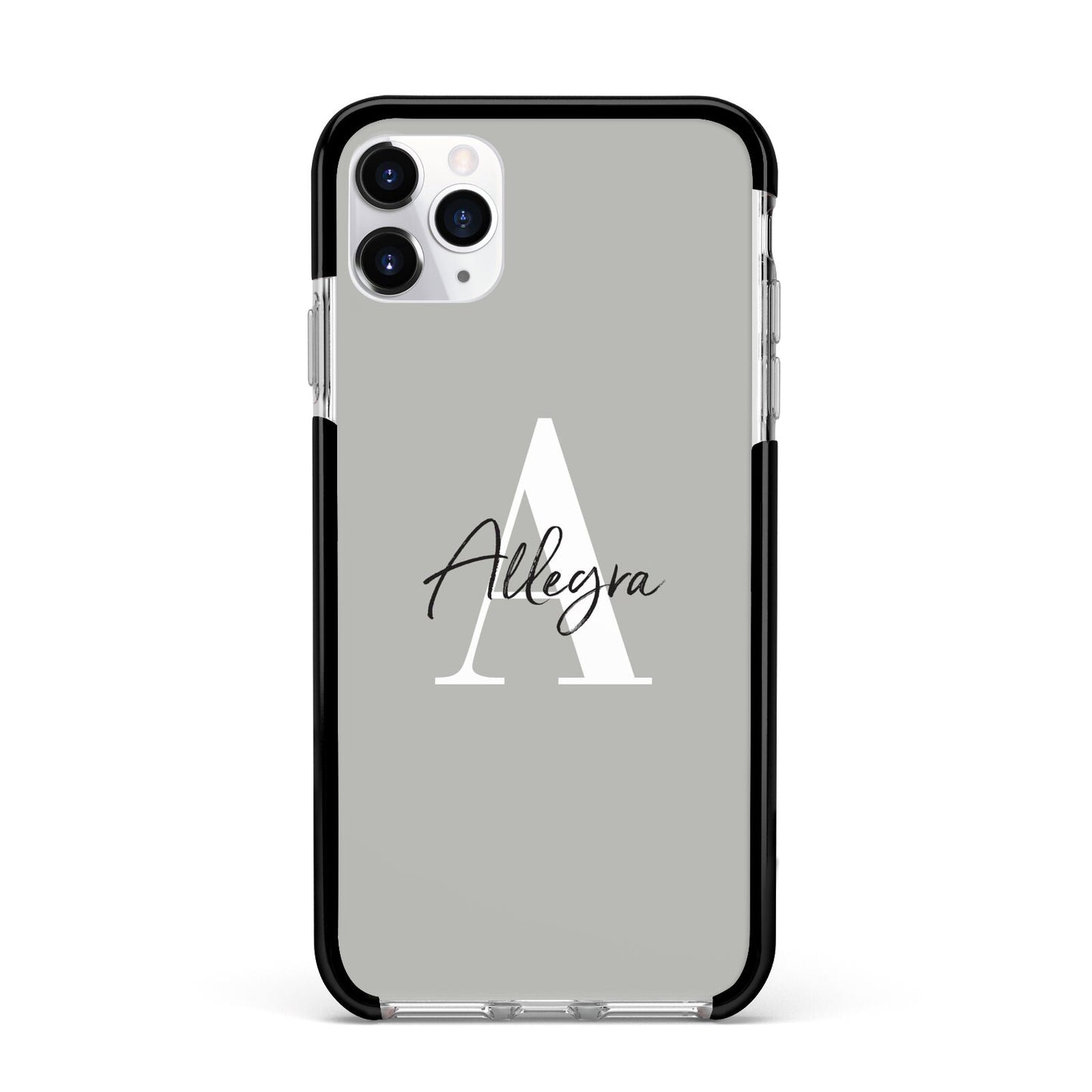 Personalised Grey Initials And Name Apple iPhone 11 Pro Max in Silver with Black Impact Case