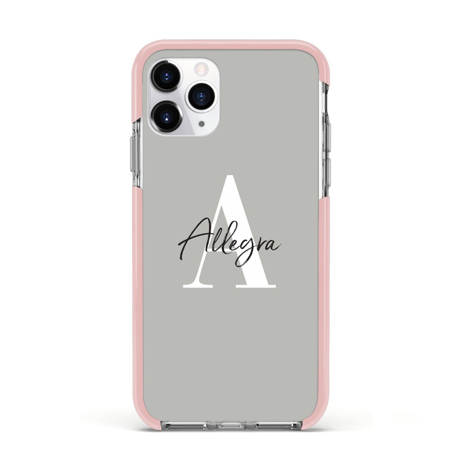 Personalised Grey Initials And Name Apple iPhone 11 Pro in Silver with Pink Impact Case