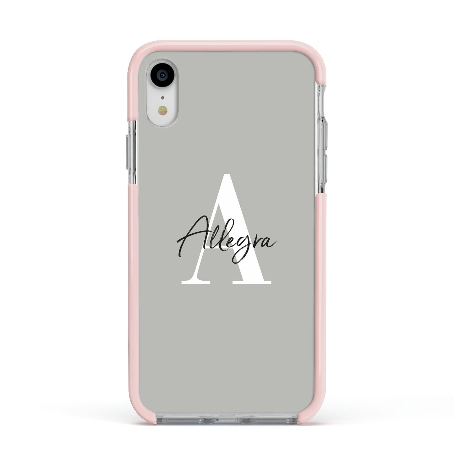 Personalised Grey Initials And Name Apple iPhone XR Impact Case Pink Edge on Silver Phone