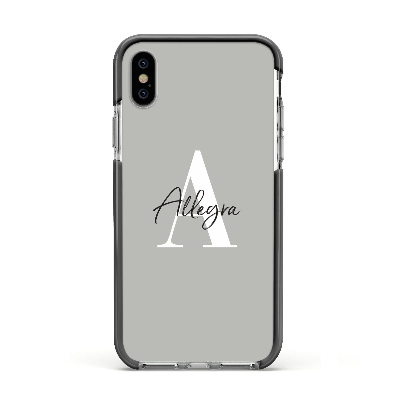 Personalised Grey Initials And Name Apple iPhone Xs Impact Case Black Edge on Silver Phone