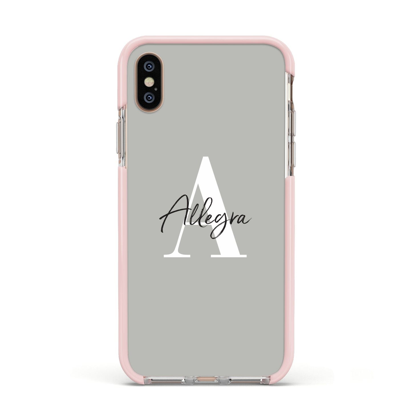 Personalised Grey Initials And Name Apple iPhone Xs Impact Case Pink Edge on Gold Phone