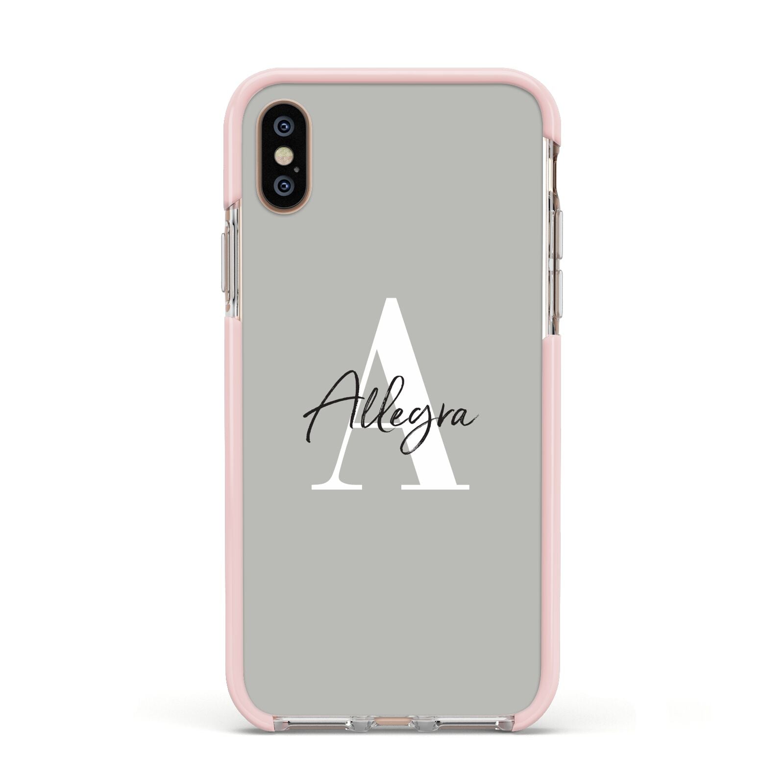 Personalised Grey Initials And Name Apple iPhone Xs Impact Case Pink Edge on Gold Phone