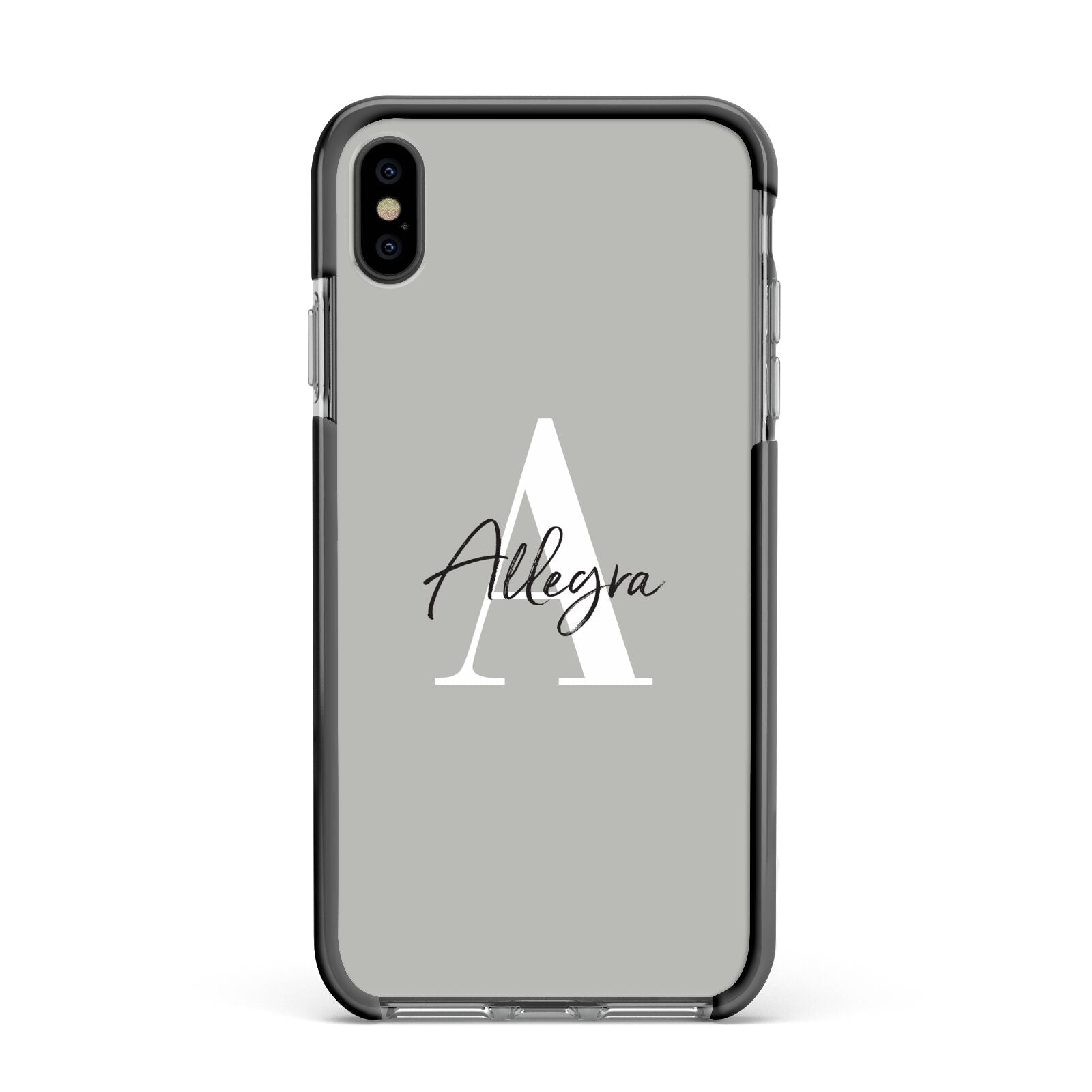Personalised Grey Initials And Name Apple iPhone Xs Max Impact Case Black Edge on Black Phone