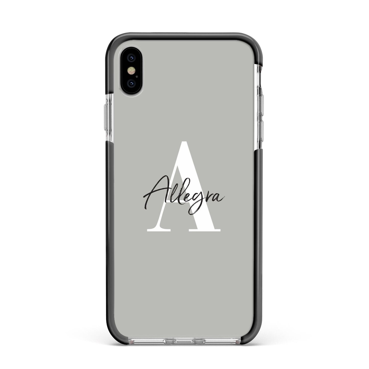 Personalised Grey Initials And Name Apple iPhone Xs Max Impact Case Black Edge on Silver Phone