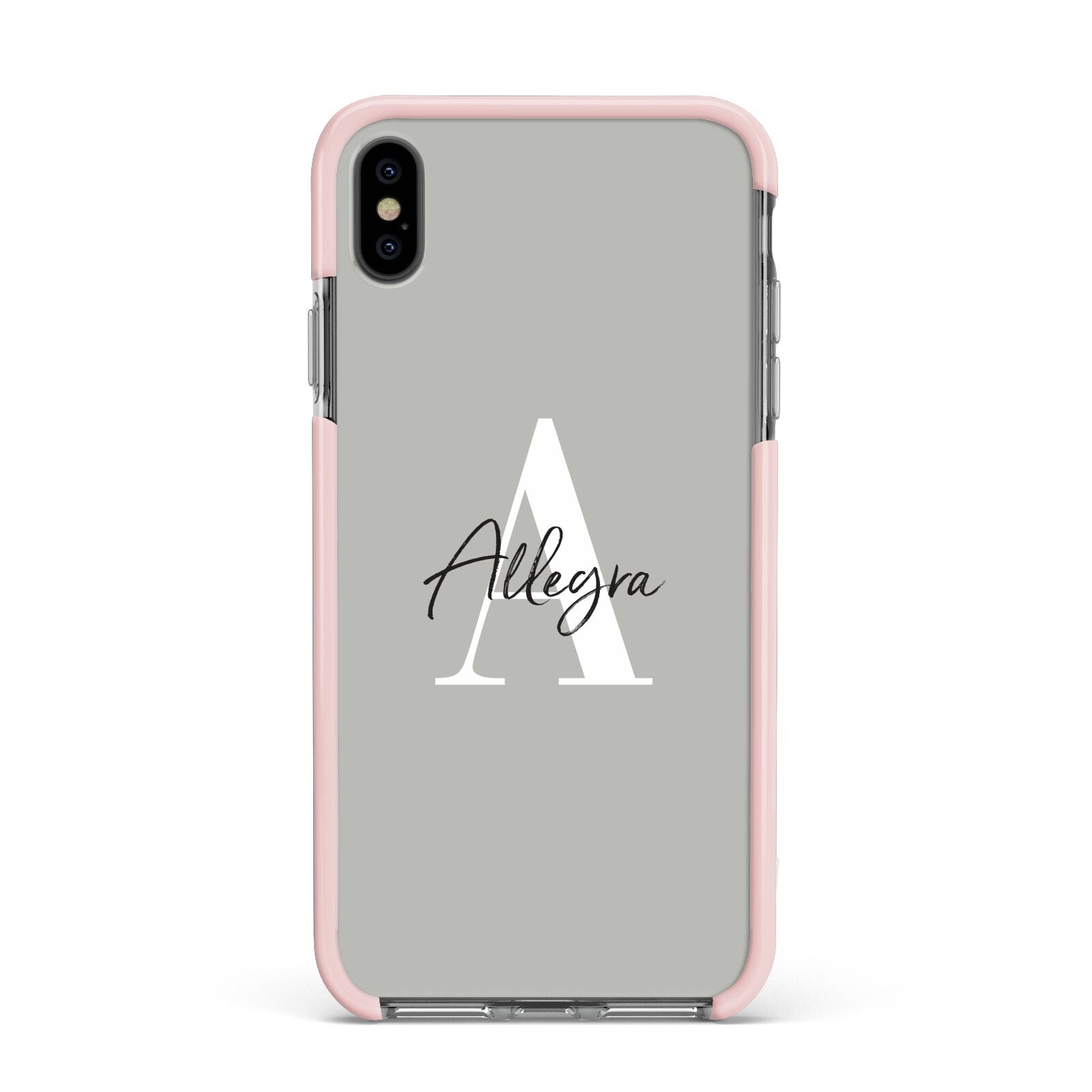 Personalised Grey Initials And Name Apple iPhone Xs Max Impact Case Pink Edge on Black Phone