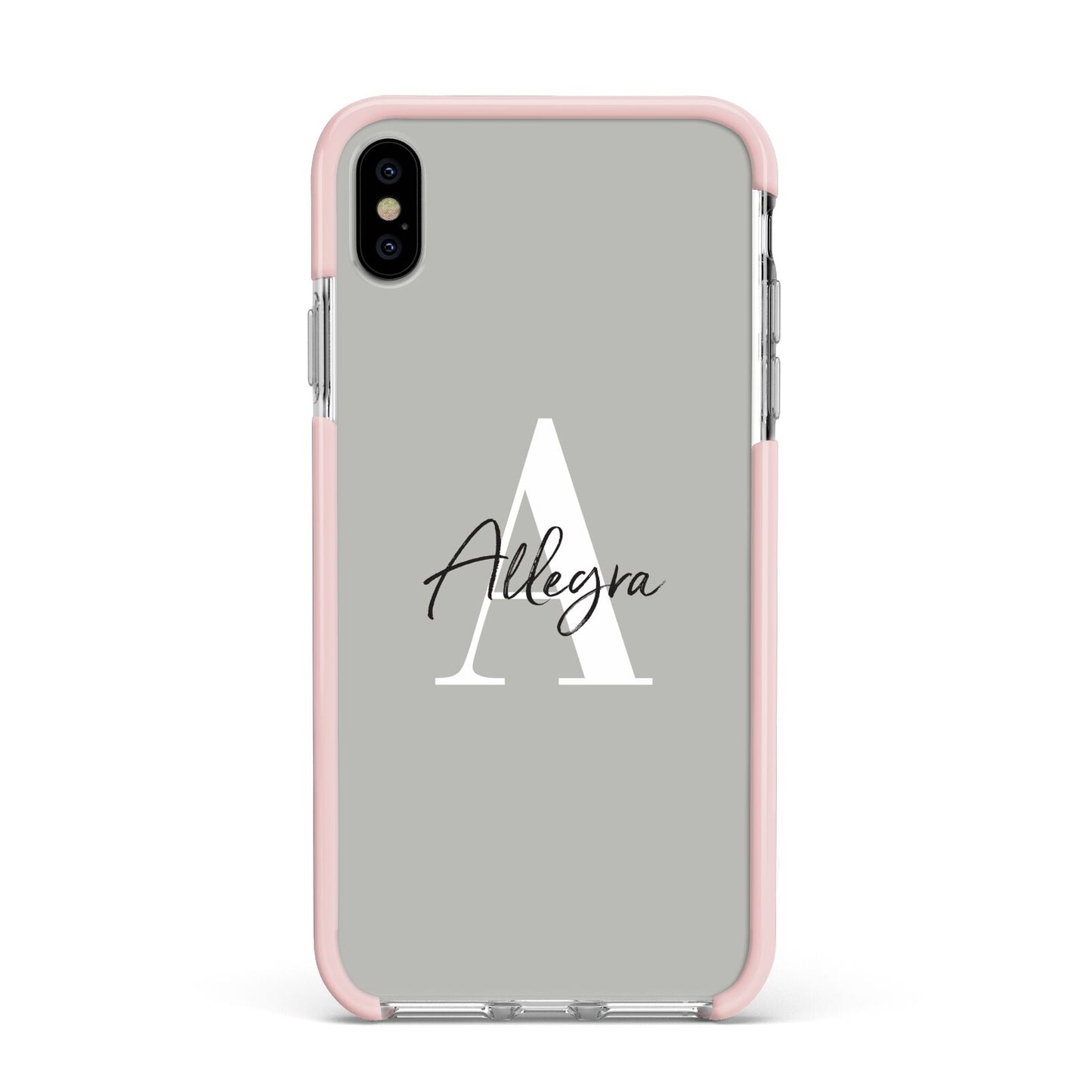Personalised Grey Initials And Name Apple iPhone Xs Max Impact Case Pink Edge on Silver Phone