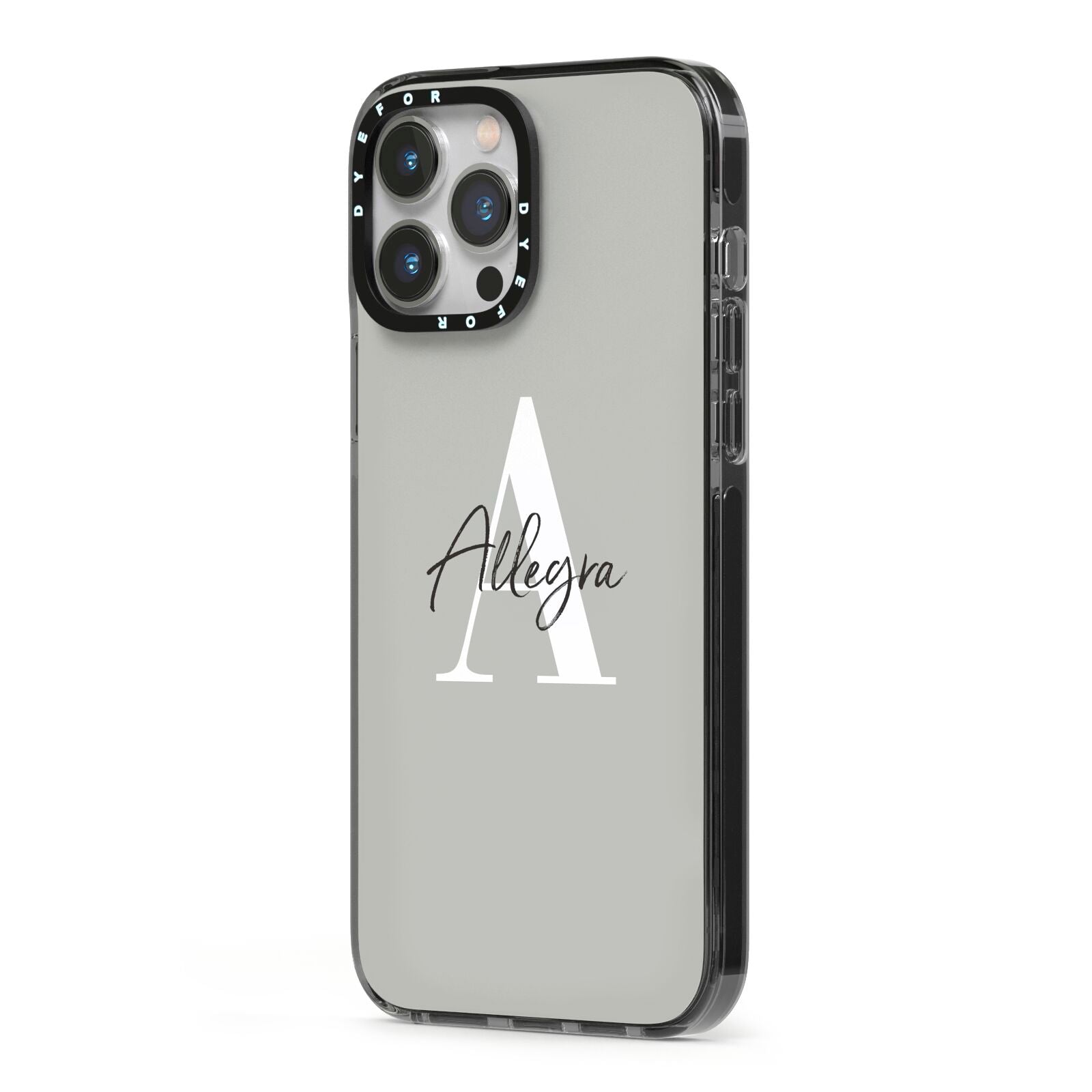 Personalised Grey Initials And Name iPhone 13 Pro Max Black Impact Case Side Angle on Silver phone