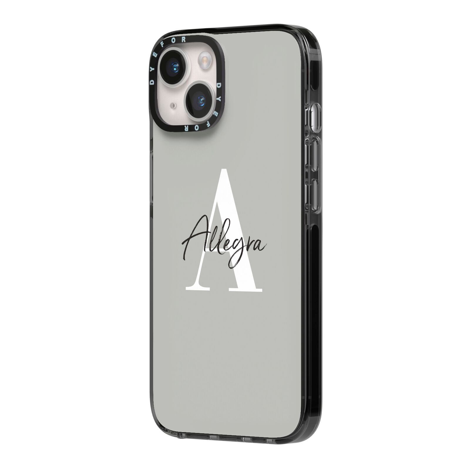 Personalised Grey Initials And Name iPhone 14 Black Impact Case Side Angle on Silver phone