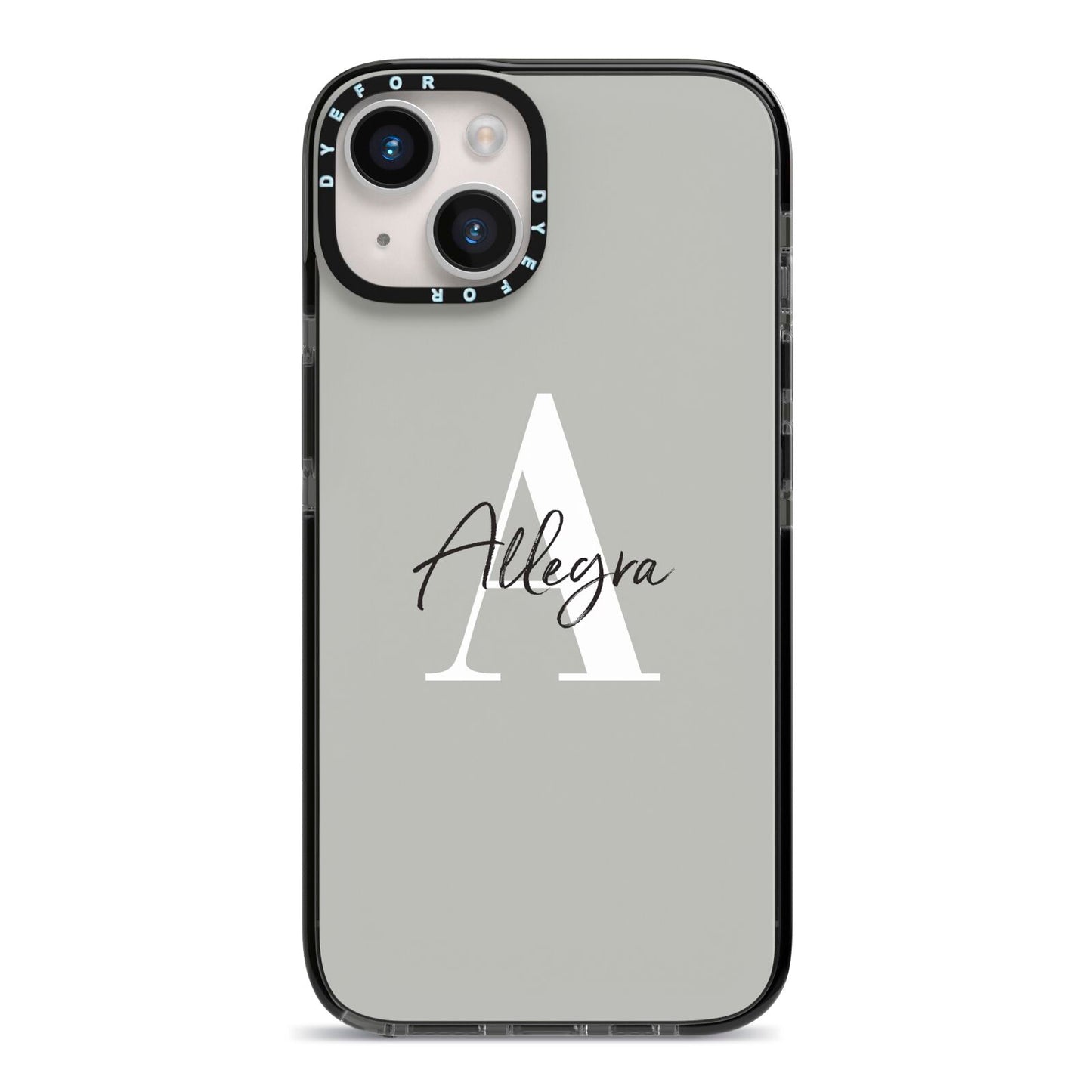 Personalised Grey Initials And Name iPhone 14 Black Impact Case on Silver phone