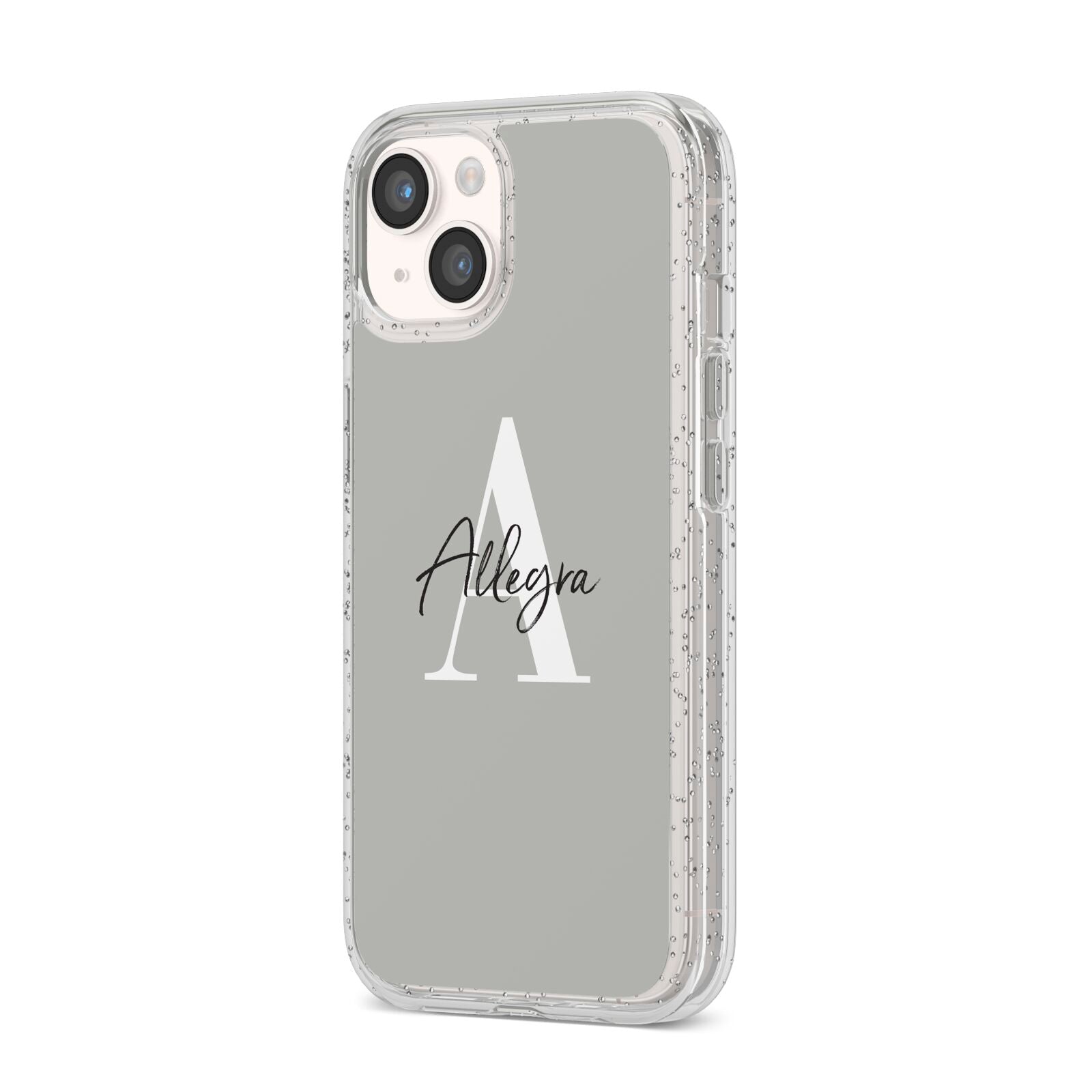 Personalised Grey Initials And Name iPhone 14 Glitter Tough Case Starlight Angled Image