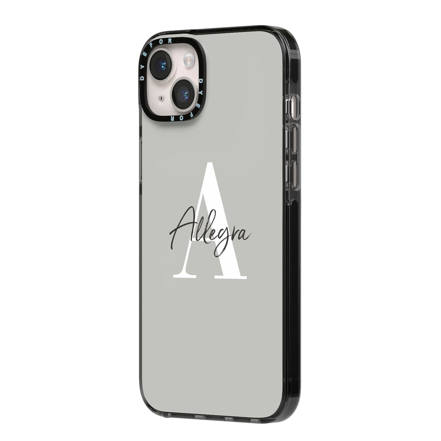 Personalised Grey Initials And Name iPhone 14 Plus Black Impact Case Side Angle on Silver phone