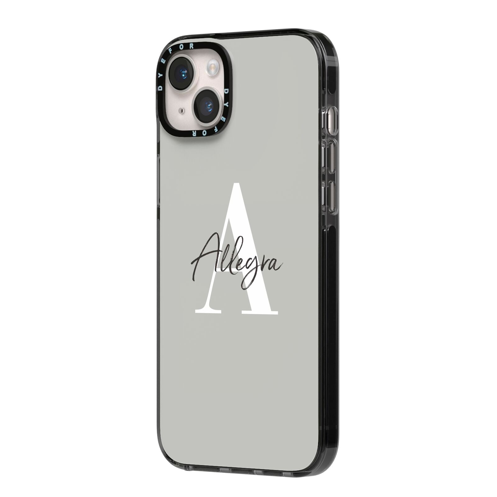 Personalised Grey Initials And Name iPhone 14 Plus Black Impact Case Side Angle on Silver phone