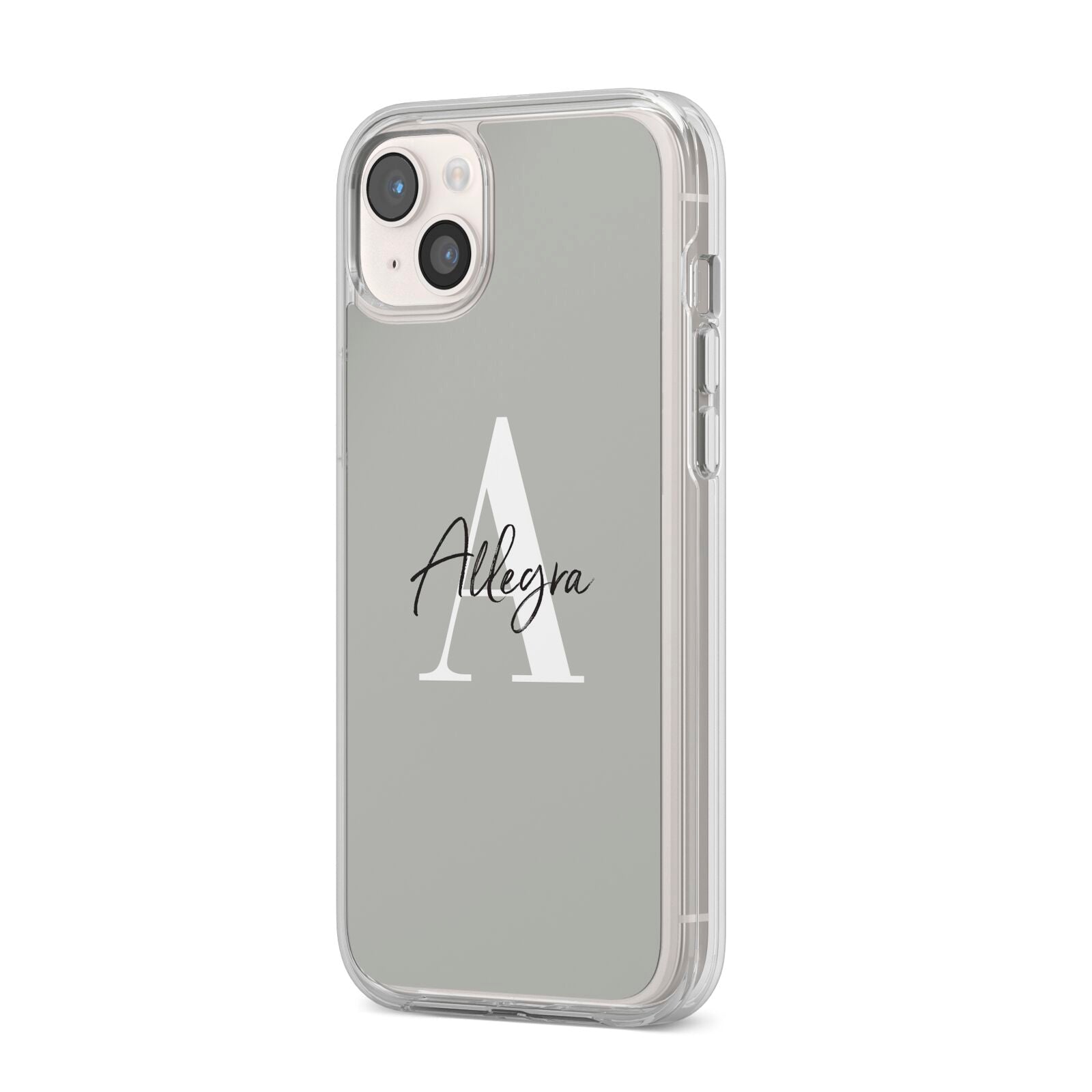 Personalised Grey Initials And Name iPhone 14 Plus Clear Tough Case Starlight Angled Image