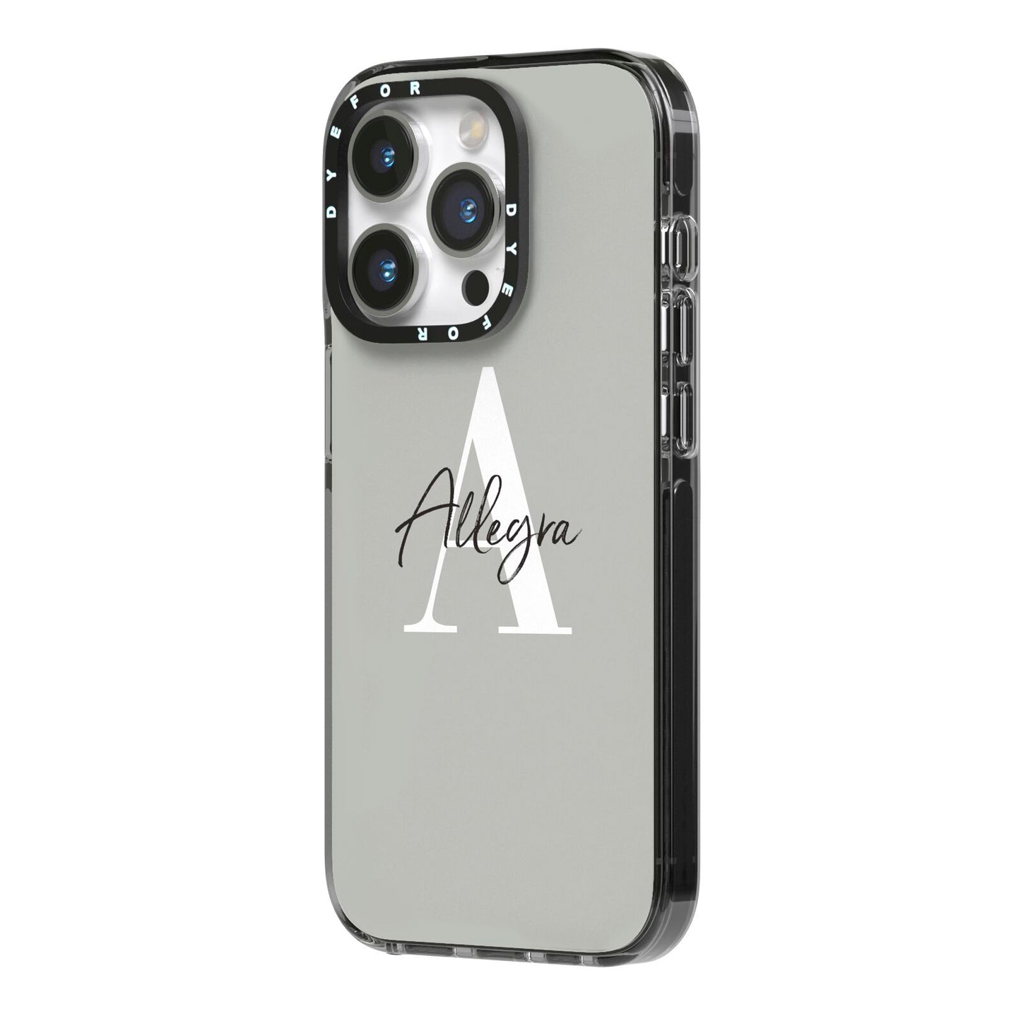 Personalised Grey Initials And Name iPhone 14 Pro Black Impact Case Side Angle on Silver phone