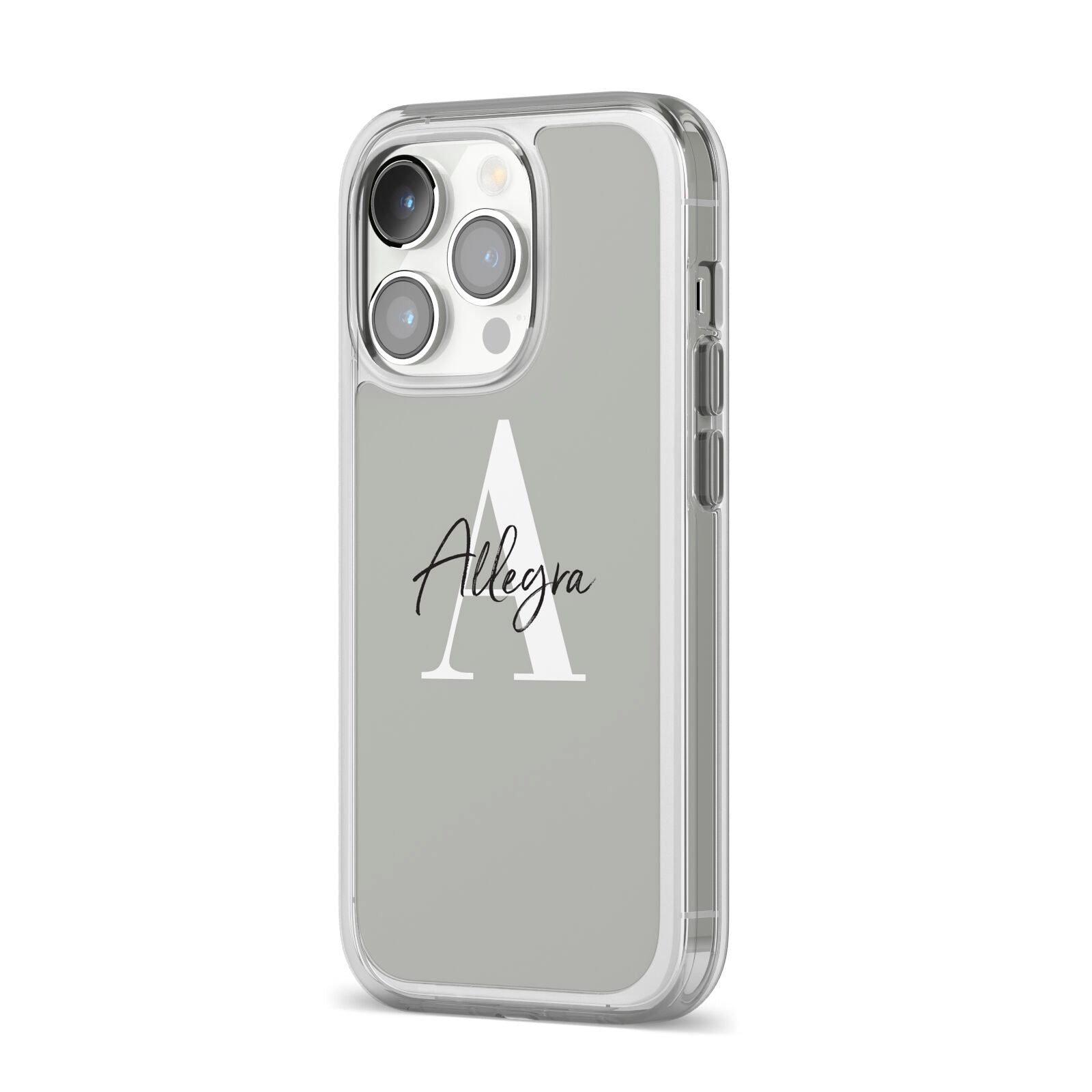 Personalised Grey Initials And Name iPhone 14 Pro Clear Tough Case Silver Angled Image