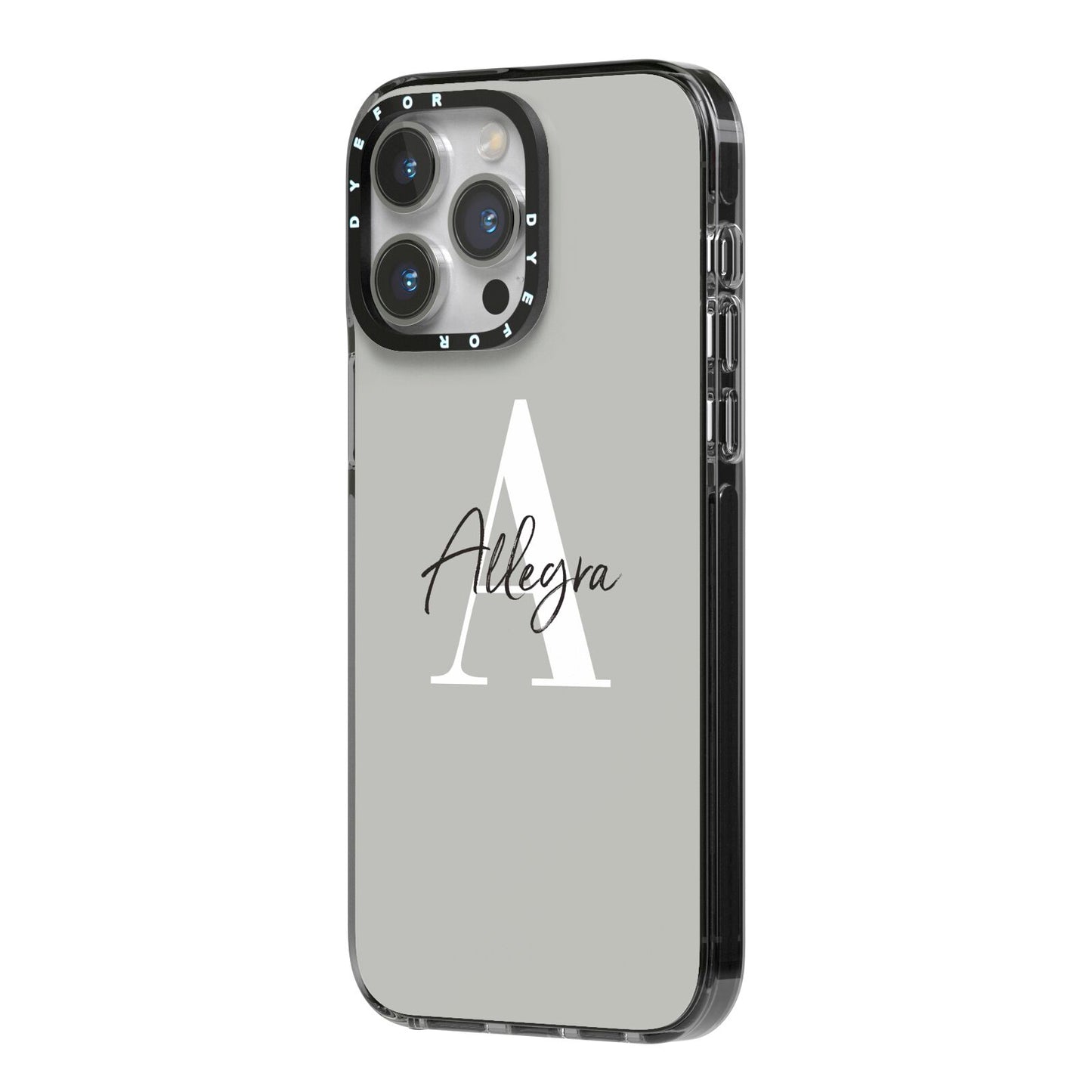 Personalised Grey Initials And Name iPhone 14 Pro Max Black Impact Case Side Angle on Silver phone