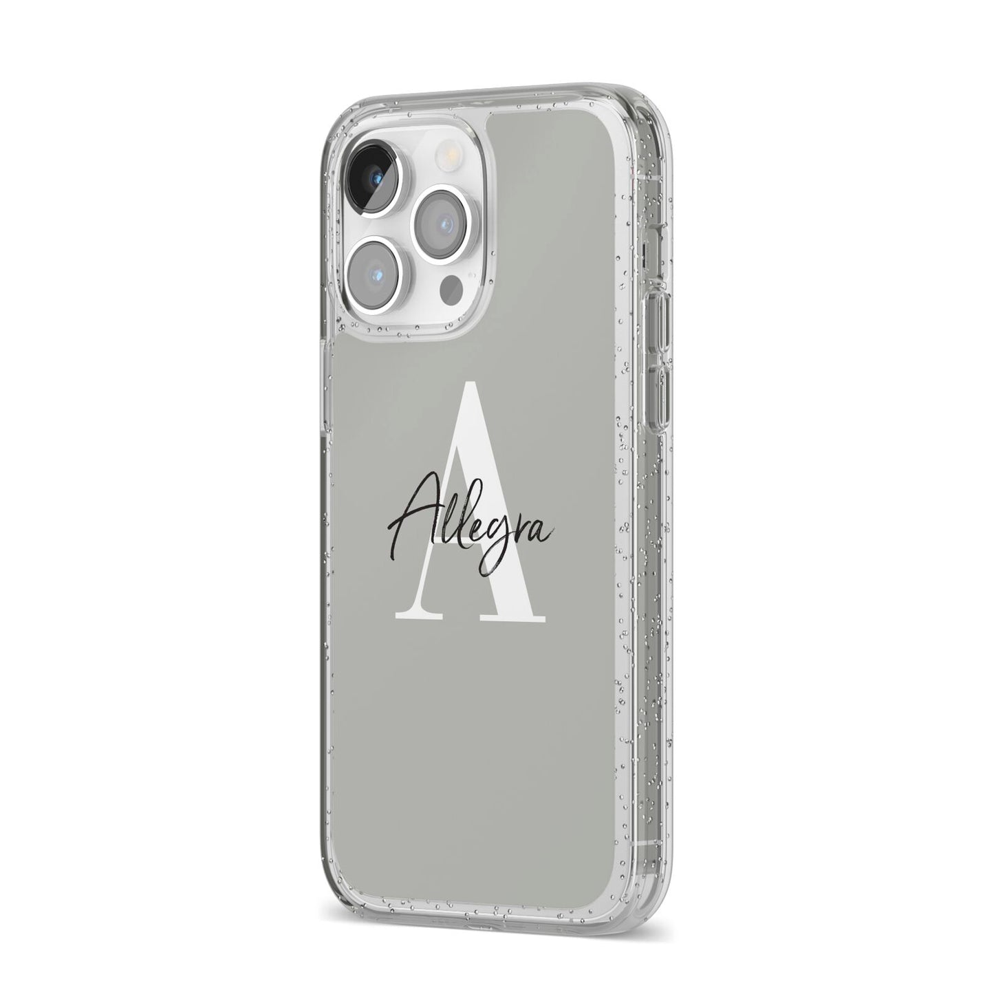 Personalised Grey Initials And Name iPhone 14 Pro Max Glitter Tough Case Silver Angled Image