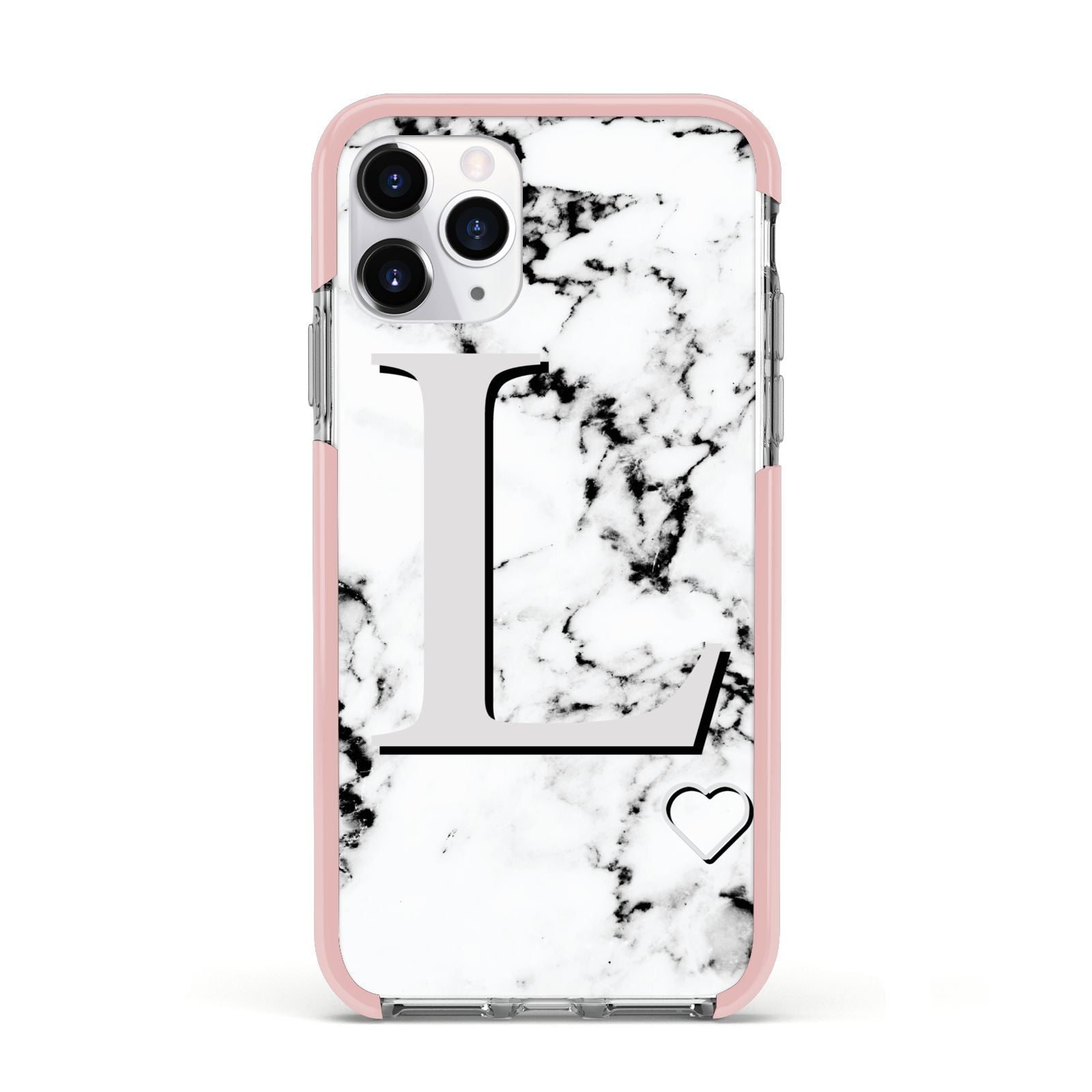 Personalised Grey Initials Heart Marble Apple iPhone 11 Pro in Silver with Pink Impact Case