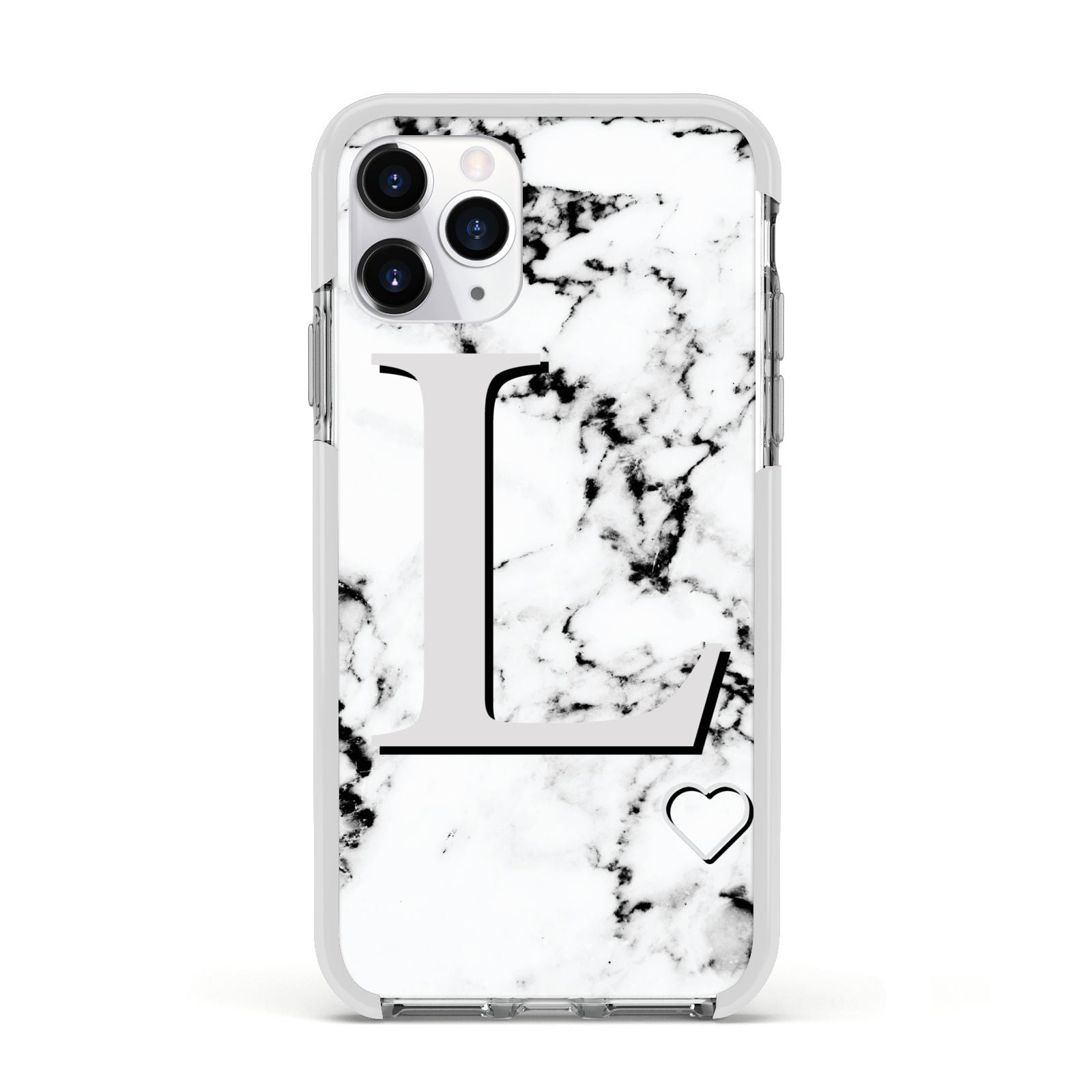 Personalised Grey Initials Heart Marble Apple iPhone 11 Pro in Silver with White Impact Case
