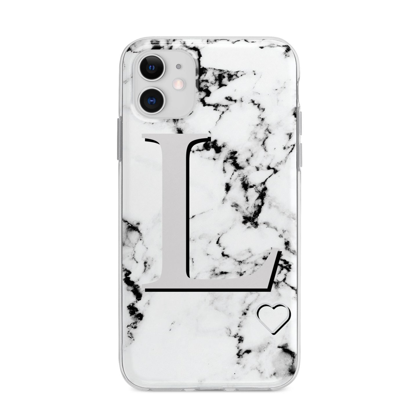 Personalised Grey Initials Heart Marble Apple iPhone 11 in White with Bumper Case