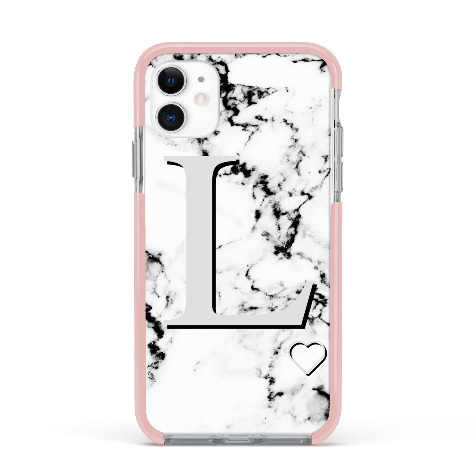 Personalised Grey Initials Heart Marble Apple iPhone 11 in White with Pink Impact Case