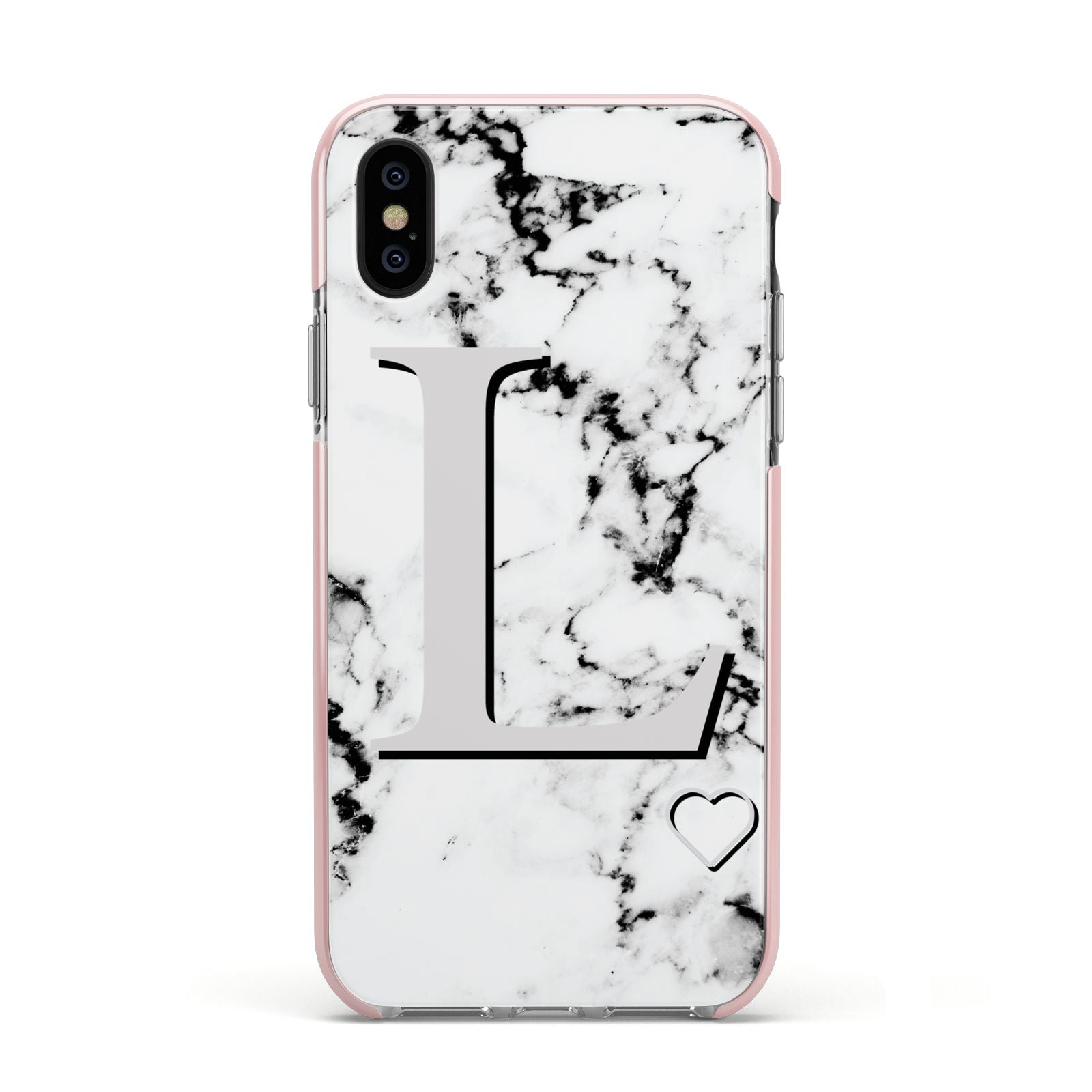 Personalised Grey Initials Heart Marble Apple iPhone Xs Impact Case Pink Edge on Black Phone