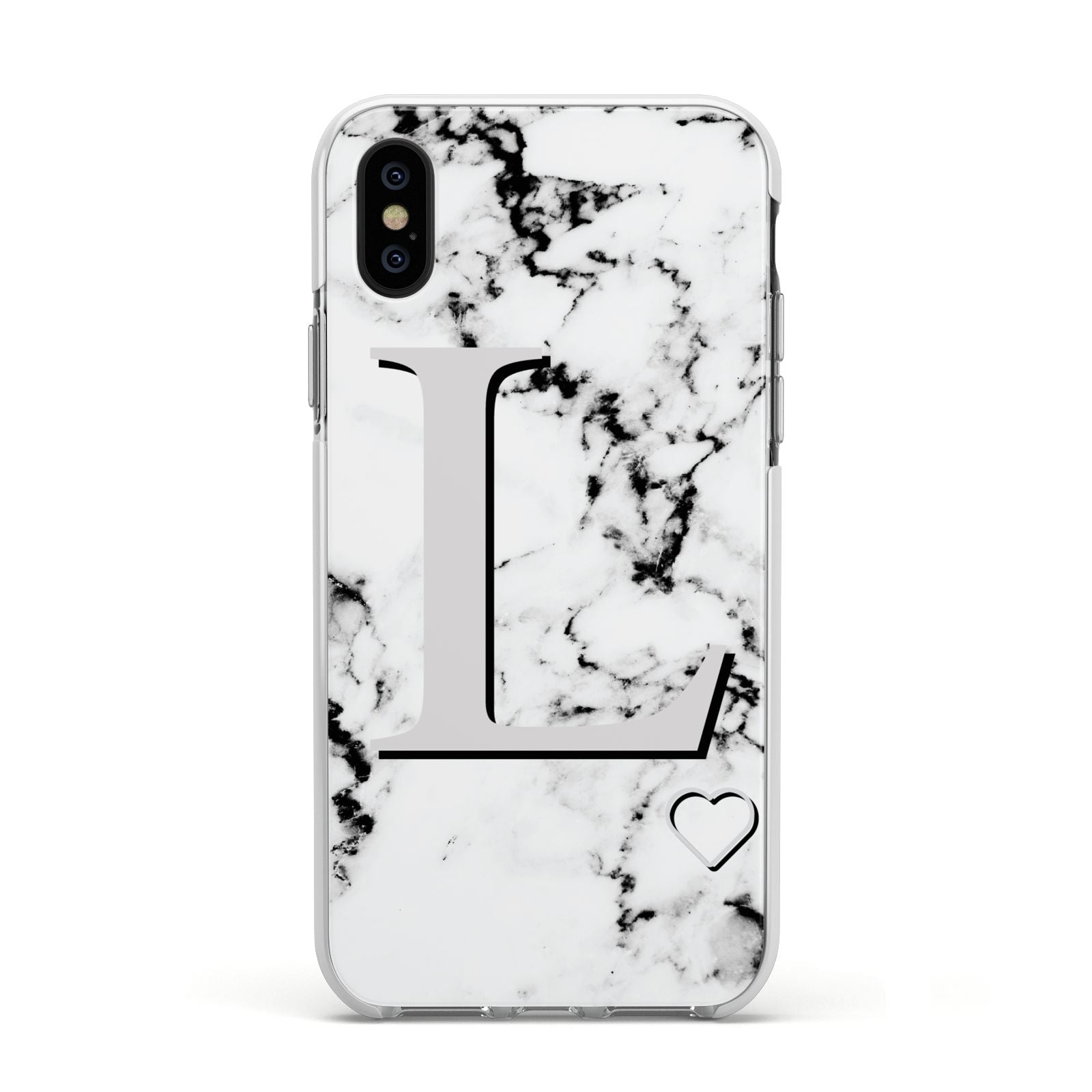 Personalised Grey Initials Heart Marble Apple iPhone Xs Impact Case White Edge on Black Phone