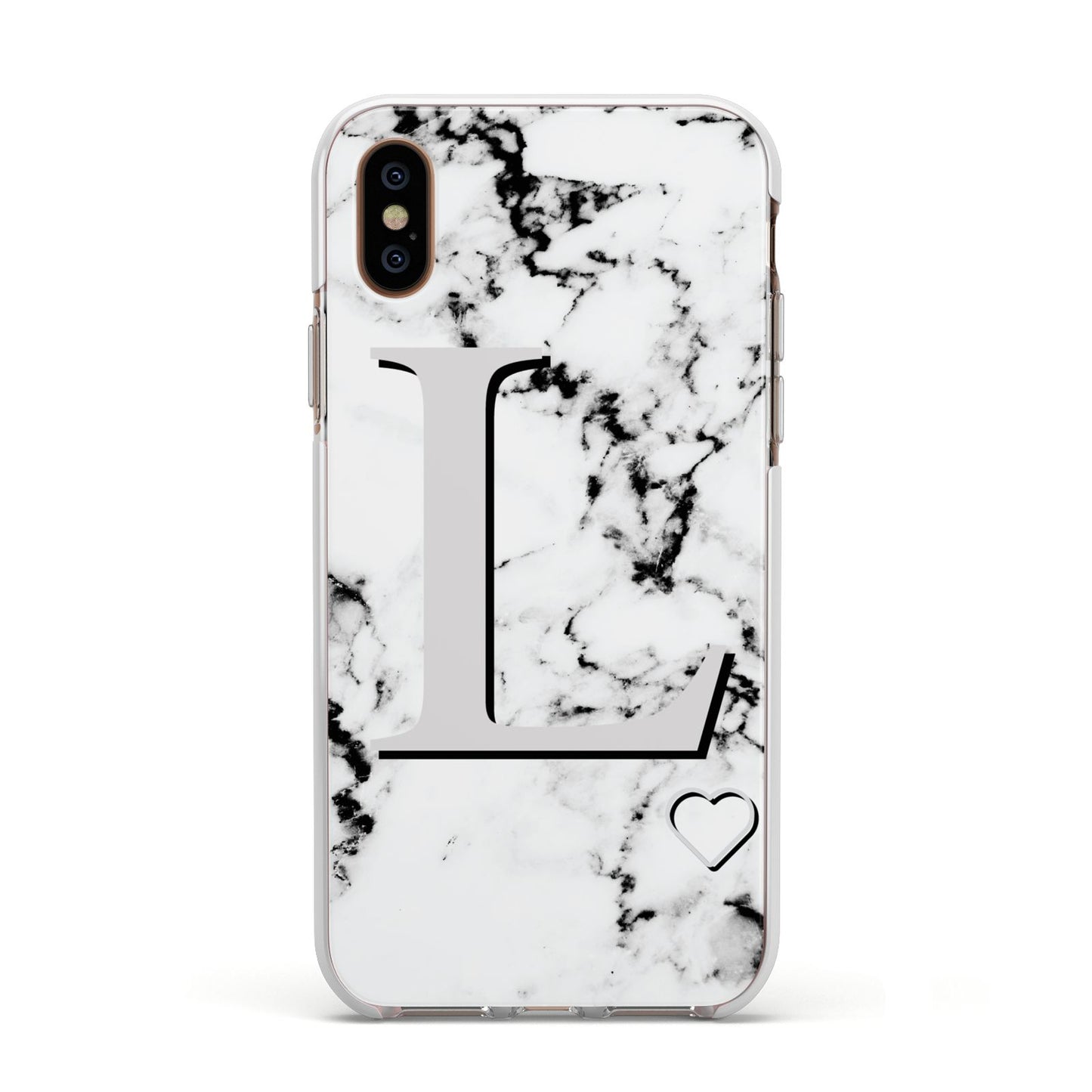 Personalised Grey Initials Heart Marble Apple iPhone Xs Impact Case White Edge on Gold Phone
