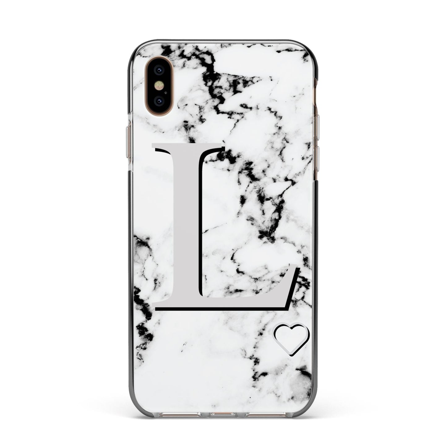 Personalised Grey Initials Heart Marble Apple iPhone Xs Max Impact Case Black Edge on Gold Phone