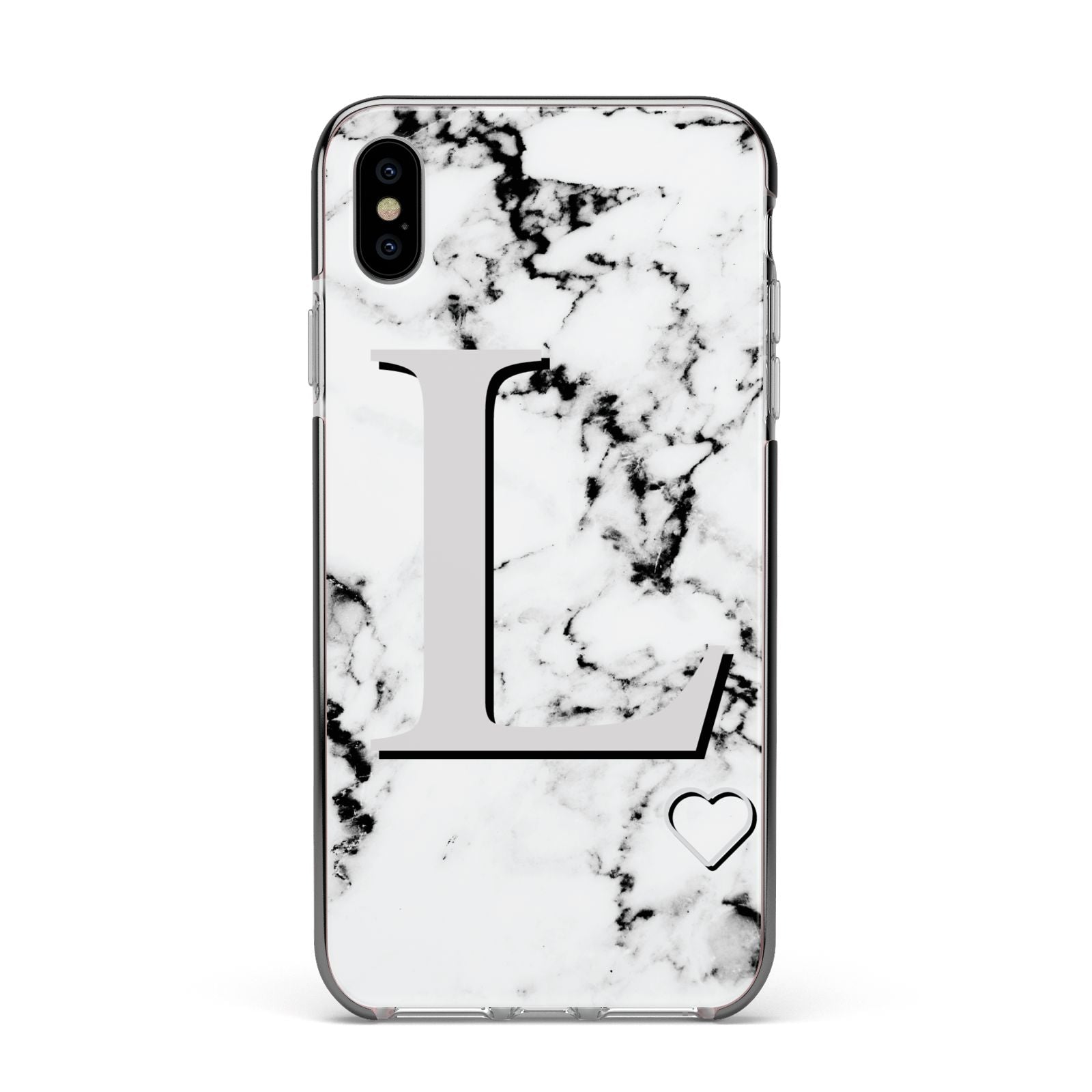 Personalised Grey Initials Heart Marble Apple iPhone Xs Max Impact Case Black Edge on Silver Phone