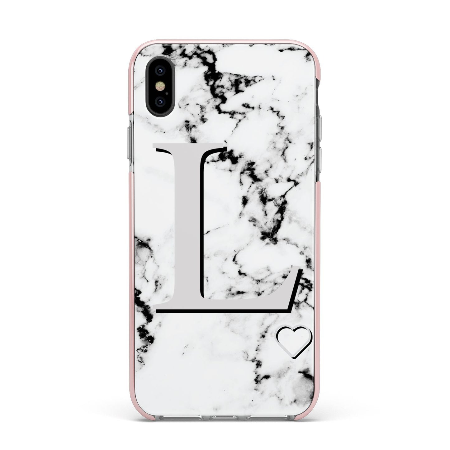 Personalised Grey Initials Heart Marble Apple iPhone Xs Max Impact Case Pink Edge on Black Phone