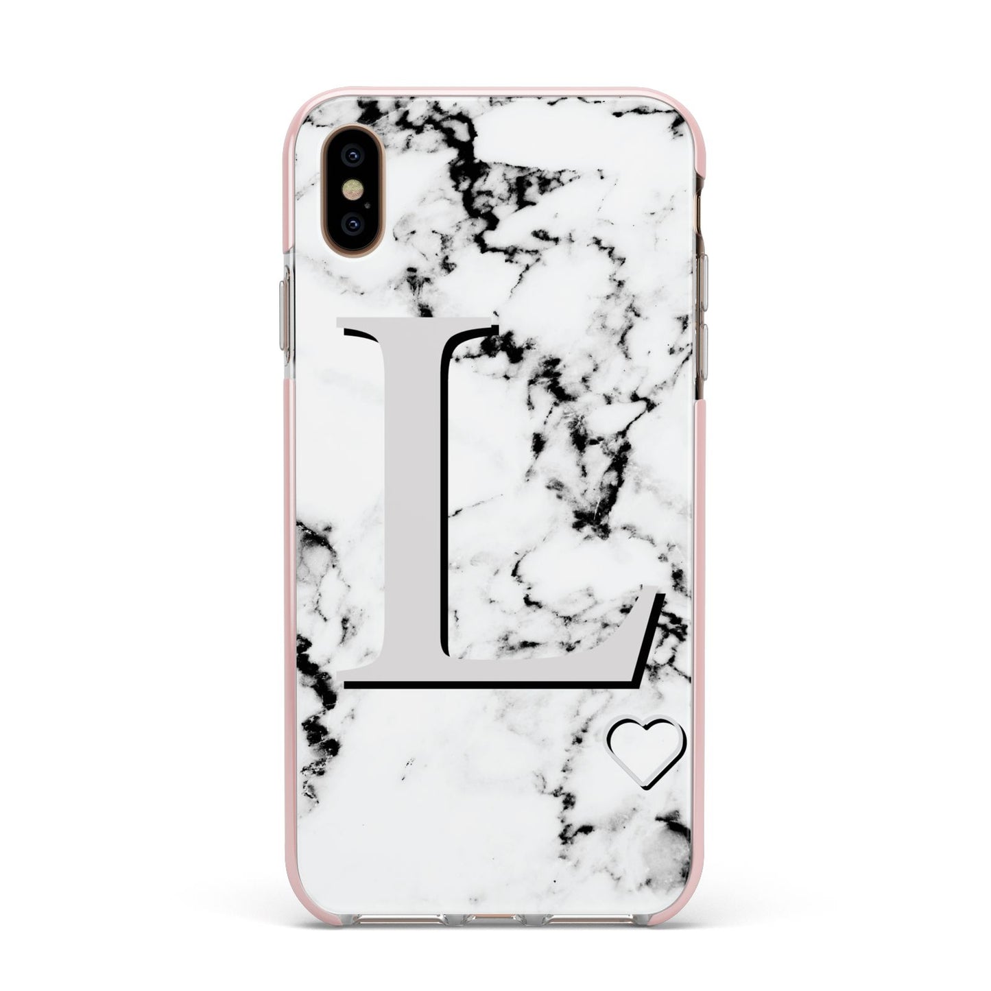 Personalised Grey Initials Heart Marble Apple iPhone Xs Max Impact Case Pink Edge on Gold Phone