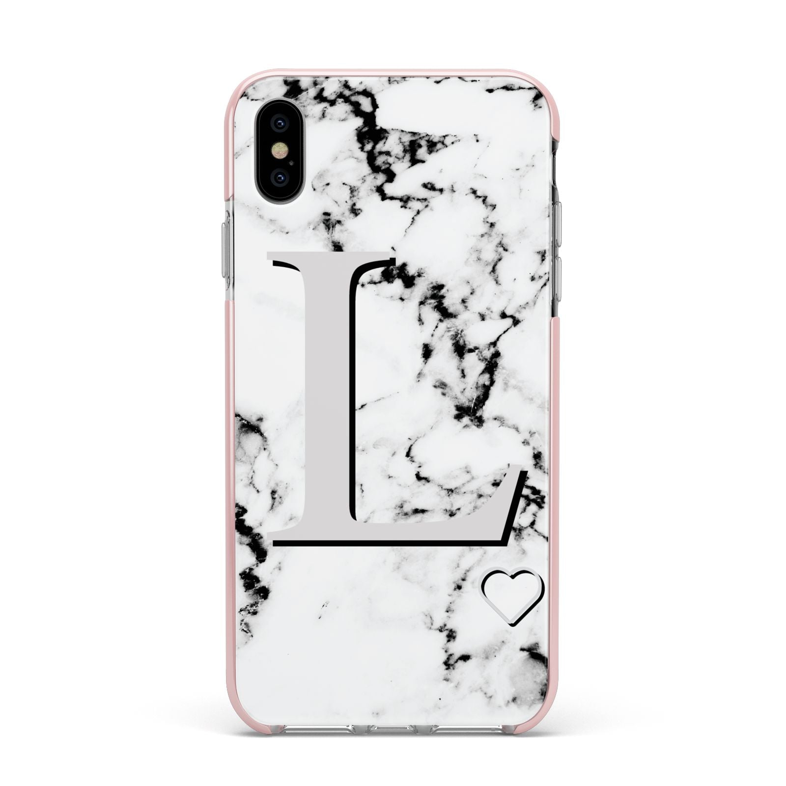 Personalised Grey Initials Heart Marble Apple iPhone Xs Max Impact Case Pink Edge on Silver Phone