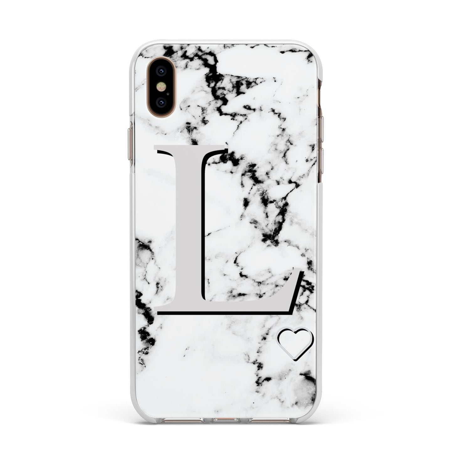 Personalised Grey Initials Heart Marble Apple iPhone Xs Max Impact Case White Edge on Gold Phone