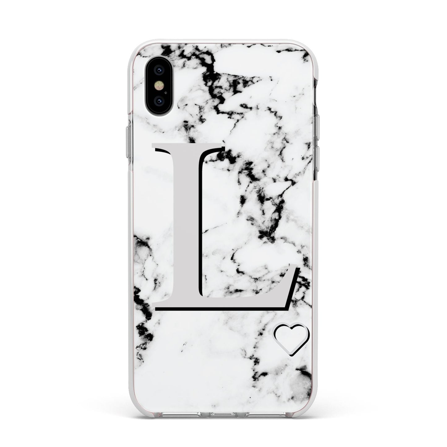 Personalised Grey Initials Heart Marble Apple iPhone Xs Max Impact Case White Edge on Silver Phone