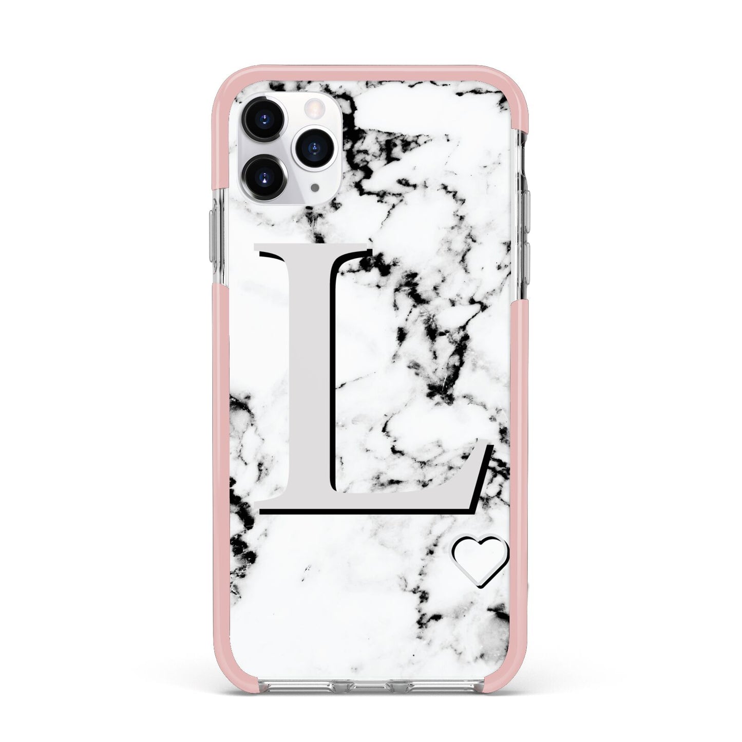 Personalised Grey Initials Heart Marble iPhone 11 Pro Max Impact Pink Edge Case