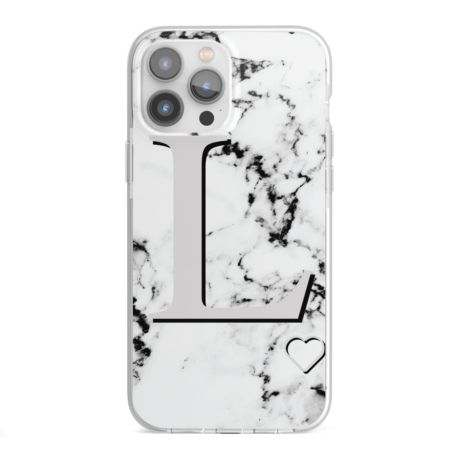 Personalised Grey Initials Heart Marble iPhone 13 Pro Max TPU Impact Case with White Edges