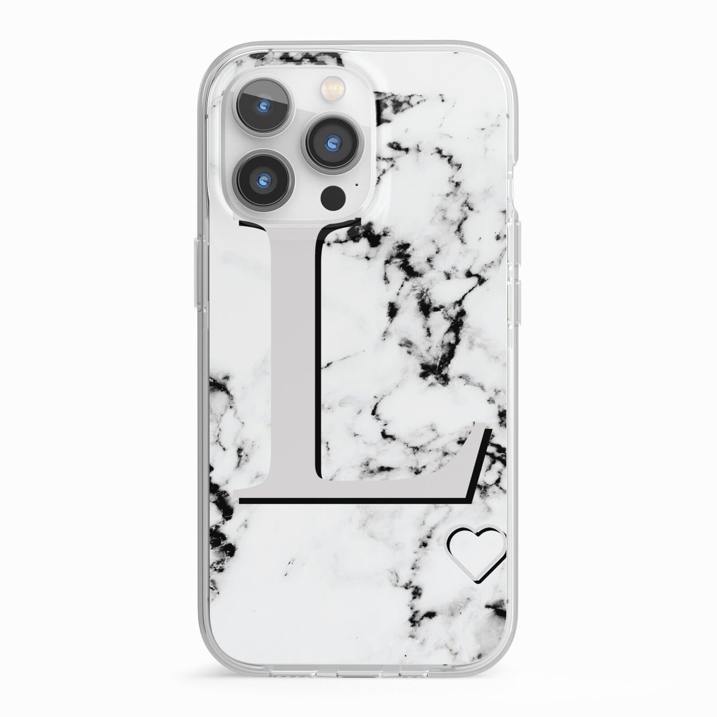 Personalised Grey Initials Heart Marble iPhone 13 Pro TPU Impact Case with White Edges